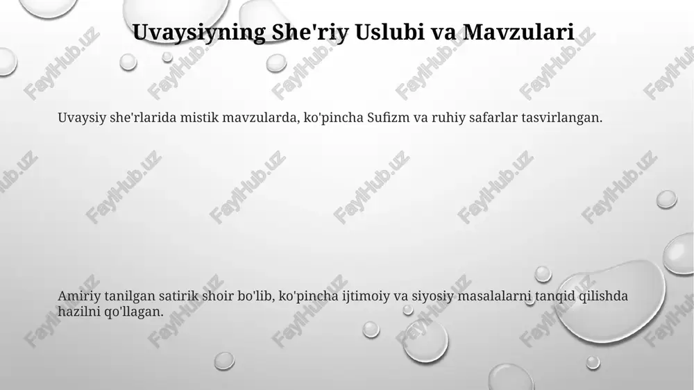 ssasi bilan, balki markaziy osiyoda ayol huquqlari tarafdori va feminist fikrning peshqadami sifatida ham tanilgan. uvaysiyning hayoti va faoliyati asosan sir bilan qoplangan, sirli hikoyalar va mistik ta'sirning merosiga ega. xulosa: amiriy, uvaysiy va nodiraning abadiy merosi amiriy, uvaysiy va nodira ijodlari o'zbek adabiyoti va madaniyatiga beqiyos ta'sir ko'rsatdi. bu shaxslarning merosi ularning o'zbek tarixi va identifikatsiyasidagi doimiy ahamiyatini ta'minlaydi. bu shaxslarning merosi ularning o'zbek tarixi va identifikatsiyasidagi doimiy ahamiyatini ta'minlaydi. nodira'ning o'ziga xos uslubi va mavzulari nodira'ning o'ziga xos uslubi klassik o'zbek an'analarini zamonaviy ta'sirlar bilan uyg'unlashtiradi. nodira amiriy, uvaysiy va o'zini o'zbek she'riyati va musiqasida muhim shaxslar sifatida taqdim etadi. amiriy, uvaysiy va nodira ijodini solishtirma tahlili. har bir shoirning asarlarini chuqur tahlil qilish, ularning asosiy mavzulari, adabiy texnikalari va keyingi avlod o'zbek yozuvchilariga ta'sirini ko'rib chiqish. amiriy, uvaysiy, va nodira ijodining taqqoslovchi tahlili, ularning noyob uslublari, mavzulari va oʻzbek adabiyotiga qoʻshgan hissasi. amiriy, uvaysiy va nodira hayoti …