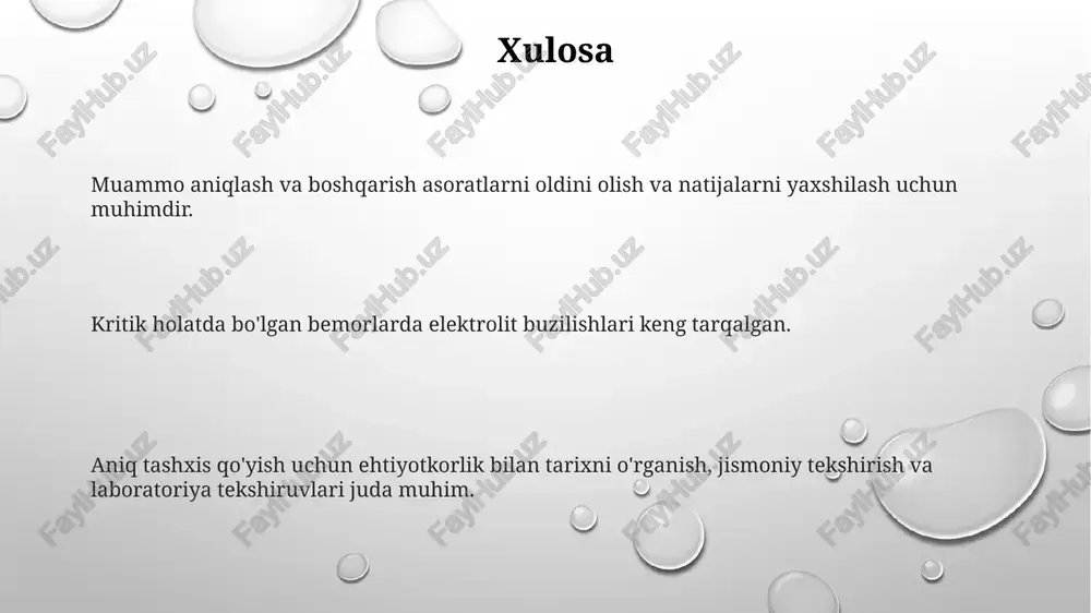 ilishlari asosan qon va siydik tahlillari orqali tashxislanadi. elektrolit buzilishlarini tashxislashda tasvirlash usullari odatda ishlatilmaydi. kamdan-kam hollarda, elektrolit muvozanatining buzilishiga olib kelishi mumkin bo'lgan yashirin holatlarni aniqlash uchun tasvirlash usullari qo'llanilishi mumkin. elektrokardiogramma talqini giperkaliyemiya: baland, o'tkir t to'lqinlari, kengaygan qrs kompleksi, uzaygan pr intervali. gipokalemiya: tekislangan yoki teskari t to'lqinlari, ko'zga tashlanadigan u to'lqinlari, st segmenti bo'shlig'i. gipokalemiya: tekislangan yoki teskari t to'lqinlari, ko'zga tashlanadigan u to'lqinlari, st segmenti bo'shlig'i. dori-darmonlar davolash asosiy sababni bartaraf etish va yo'qolgan elektrolitlarni qoplashni o'z ichiga oladi. belgilarga mushaklarning kuchsizligi, charchoq, chalkashlik va yurak urishining buzilishi kiradi. elektrolit darajalari qon va siydik tahlillari orqali o'lchanadi. e'tiboringiz uchun rahmat @taqdimot_robot image1.png image2.png image3.png