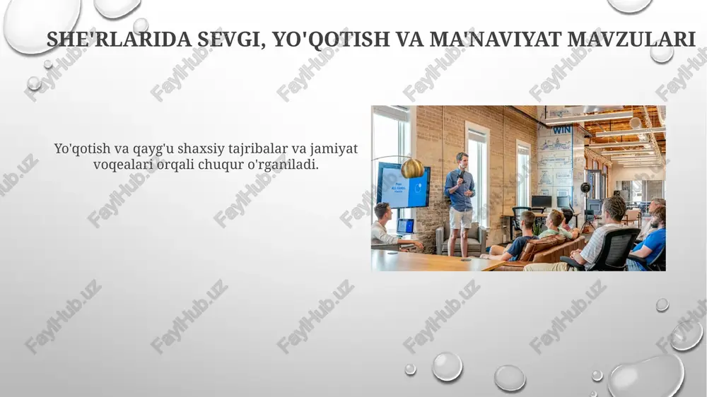 klovlari bilan belgilangan, tomoshabinlar bilan rezonans hosil qildi va o'zbek san'atkorlari avlodlariga ilhom berdi. amiriy, uvaysiy va nodira asarlari o'zbek adabiyoti, ayniqsa she'riyatni shakllantirib, keyingi avlod yozuvchilarga ta'sir ko'rsatdi. hayotlari va ijodlarining o'zaro bog'liqligi amiriy, uvaysiy va nodira temuriylar davri markaziy osiyo adabiyotida taniqli shaxslar bo'lib, ularning har biri asarlari va adabiy doiralari orqali bir-birlariga ta'sir ko'rsatgan. uvaysiy she'rlarining amiriy lirik uslubiga ta'siri, nodira falsafiy fikrlarining esa uvaysiy va amiriy asarlarini boyitganligi, bu uch shoir o'rtasida o'zaro bog'liqlikning boy rang-barangligini yaratdi. e'tiboringiz uchun rahmat @taqdimot_robot image3.png image4.jpg image5.jpg image6.jpg image7.jpg image8.jpg image9.jpg image10.jpg image11.jpg image12.jpg image13.jpg image14.jpg image15.jpg image16.jpg image17.jpg image18.jpg image19.jpg image20.jpg image1.png