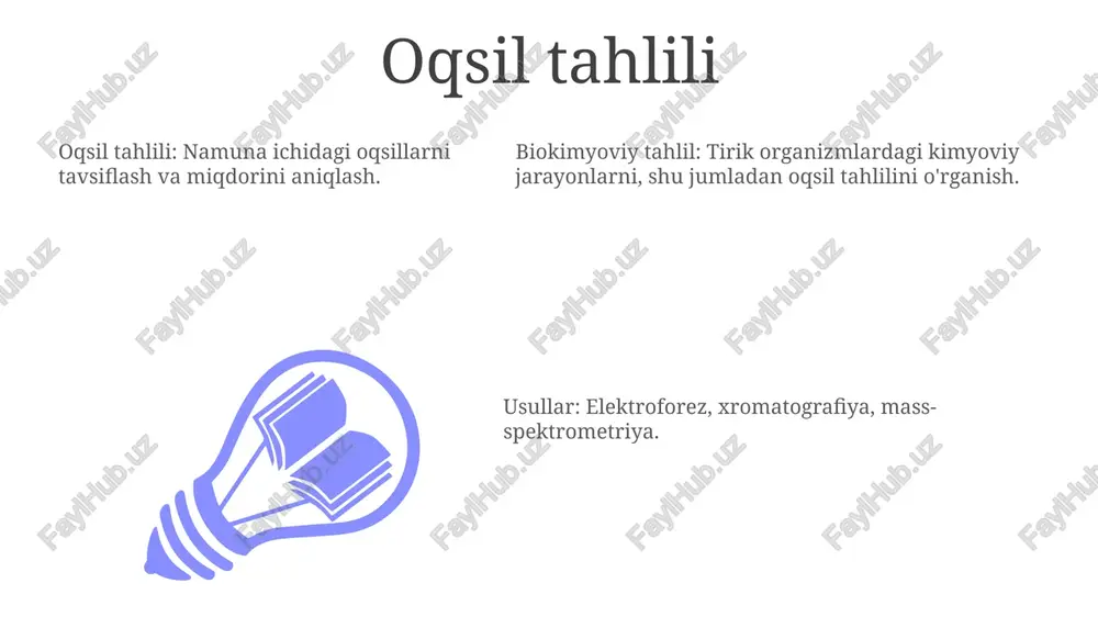 ayra jarayonlarini, kasallik mexanizmlarini tushunishda va yangi davolash usullarini ishlab chiqishda muhim ahamiyatga ega. elektroforez 01 02 03 oqsillar va dnk kabi biologik namunalarni tahlil qiladi. hajmi va zaryadiga ko'ra molekulalarni ajratadi. biomolekulalarni aniqlash va miqdorini aniqlash uchun ishlatiladi. sales 1st qtr 2nd qtr 100 0 sales 1st qtr 2nd qtr 100 0 sales 1st qtr 2nd qtr 100 0 proteomika biokimyoviy tahlil biologik tizimlardagi kimyoviy jarayonlarni o'rganish uchun turli xil usullardan foydalanadi. proteomika va biokimyoviy tahlil bir-biriga bog'liq, chunki proteomika oqsil tuzilmasi va funksiyasini tahlil qilish uchun biokimyoviy usullardan foydalanadi. proteomika hujayra yoki organizmda mavjud barcha oqsillarni o'rganadi. lipidomika biokimyoviy tahlil aniq lipidlarni aniqlash va miqdorini aniqlashga qaratilgan. lipidomika hujayra, to'qima yoki organizmning to'liq lipid profilini o'rganadi. lipidomika hujayra, to'qima yoki organizmning to'liq lipid profilini o'rganadi. e'tiboringiz uchun rahmat @taqdimot_robot image1.jpeg image2.jpeg image3.jpeg
