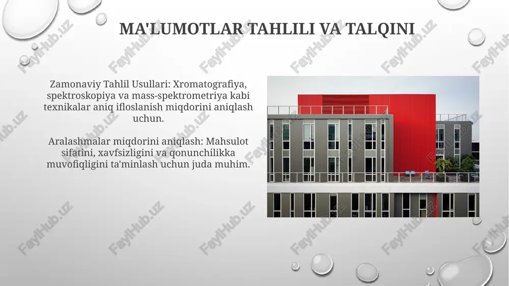 zilmalarini tasavvur qilish uchun elektron mikroskopiya texnikalari. elektrokimyoviy usullar: voltamperometriya va potensiometriya voltammetriya moddalarni aniqlash va miqdorini aniqlash uchun turli elektrod potentsiallarida tokni o'lchaydigan usul. potentiometriya analitning konsentratsiyasini aniqlash uchun elektrod va ma'lumotnoma elektrodi o'rtasidagi potentsial farqni o'lchaydi. har xil sohalarda qo'llanilishi atrof-muhitni muhofaza qilish uchun havo, suv va tuproqdagi ifloslantiruvchi moddalarni aniqlash. dori vositalari: aralashmalarni tahlil qilish dori vositalarining xavfsizligi va samaradorligini ta'minlaydi. bioanalitik usullar: elisa va immunotestirlash zamonaviy iflosliklarni aniqlash usullari xromatografiya va mass-spektrometriyani o'z ichiga oladi. elisa va immunoassays namunalardagi biomolekulalarni miqdorini aniqlash uchun keng qo'llaniladi. e'tiboringiz uchun rahmat @taqdimot_robot image3.png image4.jpg image5.jpg image6.jpg image7.jpg image8.jpg image9.jpg image10.jpg image11.jpg image12.jpg image13.jpg image14.jpg image15.jpg image16.jpg image17.jpg image18.jpg image19.jpg image20.jpg image1.png