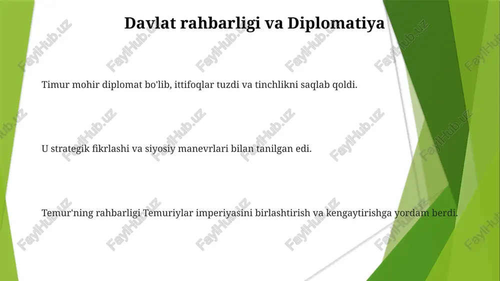 jada kuzatildi. amir temur mohir harbiy rahbar va fathchi edi. u masjidlar, kutubxonalar va boshqa ta'sirli binolarni qurdirdi, bu uning kuchini va madaniy ta'sirini namoyish etdi. yoshlik va hokimiyatga kelishi u harbiy jasorat va siyosiy manevrlar orqali hokimiyat tepasiga ko'tarildi va markaziy osiyoni birlashtirdi. temur davri ambitsiyali fath qilish, madaniy homiylik va savdo hamda infratuzilma rivojiga e'tibor qaratish bilan ajralib turardi. amir temur 1336-yilda oʻzbekistonning kesh shahrida tugʻilgan. temuriylar imperiyasining kengayishi timur mohir harbiy rahbar va strateg bo'lib, shafqatsiz taktikasi bilan mashhur edi. temur'ning fath qilgan yerlari timuriylar imperiyasini forsdan hindistongacha va anadoliyagacha kengaytirdi. u san'at va fanlarni homiylik qildi, timurid madaniyatida oltin davrga hissa qo'shdi. e'tiboringiz uchun rahmat @taqdimot_robot