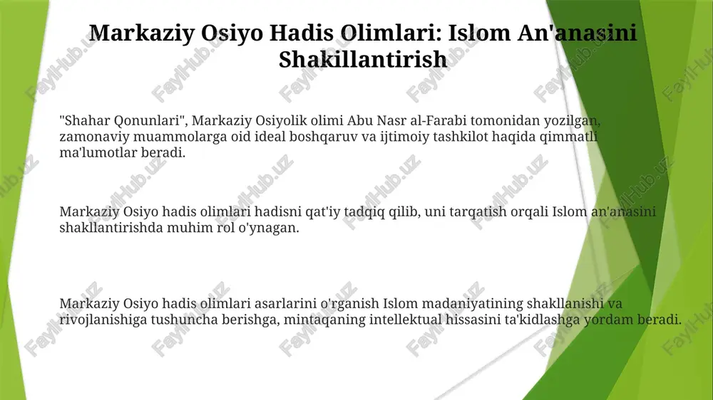 ri islom bilimlariga katta hissa qo'shdilar, bu musulmon dunyosida diniy amaliyot va ilmiy faoliyatni shakllantirdi. al-farobiyning merosı: sharq va g'arb o'rtasidagi ko'prik al-farobiyning asarlarini o'rganish islom falsafasi, mantiq va axloq haqida chuqur tushuncha beradi, bu islom fikri va uning rivojlanishini yanada chuqurroq anglashga hissa qo'shadi. buyuk markaziy osiyo hadis olimlari payg'ambar muhammadning so'zlarini va amallarini saqlab qolish va talqin qilish orqali islom madaniyatini shakllantirishda muhim rol o'ynagan, shuningdek, uning huquqiy va ilohiy asoslariga hissa qo'shgan. al-farobiyning "shahar qonunlari" asari sharq va g'arb fikrlarini birlashtirib, siyosiy falsafa ustida ta'sir ko'rsatdi va uning ishining global ta'sirini ko'rsatdi. al-farobiyning fikrining doimiy ahamiyati al-farobiyning asarlarini o'rganish islom falsafasi, mantiq va axloqni chuqurroq tushunishni ta'minlaydi va turli sohalarga ta'sir qiladi. markaziy osiyo hadis olimlari islom ta'limotlarini saqlab qolish va talqin qilishda muhim rol o'ynagan, islom madaniyatini shakllantirgan. al-farobiyning "shahar qonunlari" bugungi muammolarga mos keladigan ideal boshqaruv va ijtimoiy uyg'unlik haqida fikrlar beradi. al-farobiyning asarlari: islom …