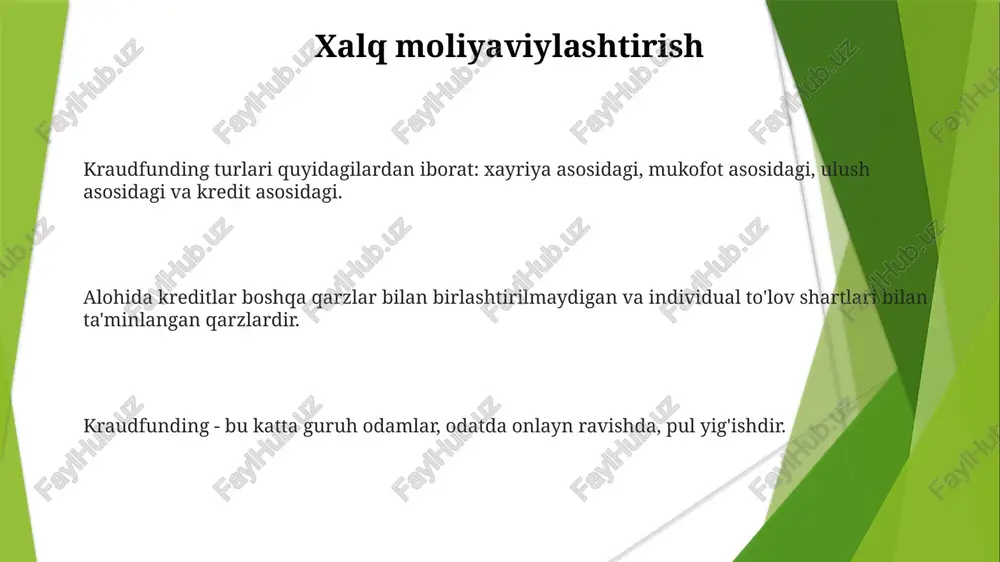 ari ijtimoiy ta'sir obligatsiyalari ijtimoiy dasturlar va tashabbuslarni moliyalashtirish uchun xususiy investitsiyalarni jalb qilishni maqsad qiladi. ijtimoiy ta'sir obligatsiyalari aniq ijtimoiy natijalarga erishilganiga qarab investorlarga to'lov qiladigan moliyaviy vositalardir. alohida kredit turlari: aylanma kredit, muddatli kredit va kredit liniyalari. xususiy kapital hamkorlikdagi investitsiyalar investorlarga xususiy kapital kompaniyasi bilan birgalikda muayyan investitsiya imkoniyatida ishtirok etishga imkon beradi, bu esa ularga ma'lum bir kompaniyaga yoki aktivga bevosita kirish imkonini beradi. xususiy kapital - bu kompaniyalarni sotib olib, ularni yaxshilash va odatda ularni foyda olish maqsadida sotishni o'z ichiga oladigan investitsiya shakli. alohida hisoblar (shuningdek, "maxsus" yoki "bag'ishlangan" strategiyalar sifatida ham tanilgan) investor talablariga moslashtirilgan maxsus fond yaratishni o'z ichiga oladi. mikroqarz mikromoliya turlari: kredit, jamg'arma, sug'urta va moliyaviy ta'lim. mikromoliya: kam ta'minlangan shaxslar va jamoalarga moliyaviy xizmatlar ko'rsatish. mikromoliya: kam ta'minlangan shaxslar va jamoalarga moliyaviy xizmatlar ko'rsatish. subsidyalar subsidyalar - bu tovar yoki xizmat narxini kamaytirish uchun hukumat tomonidan to'lanadigan mablag'lar. to'g'ridan-to'g'ri …