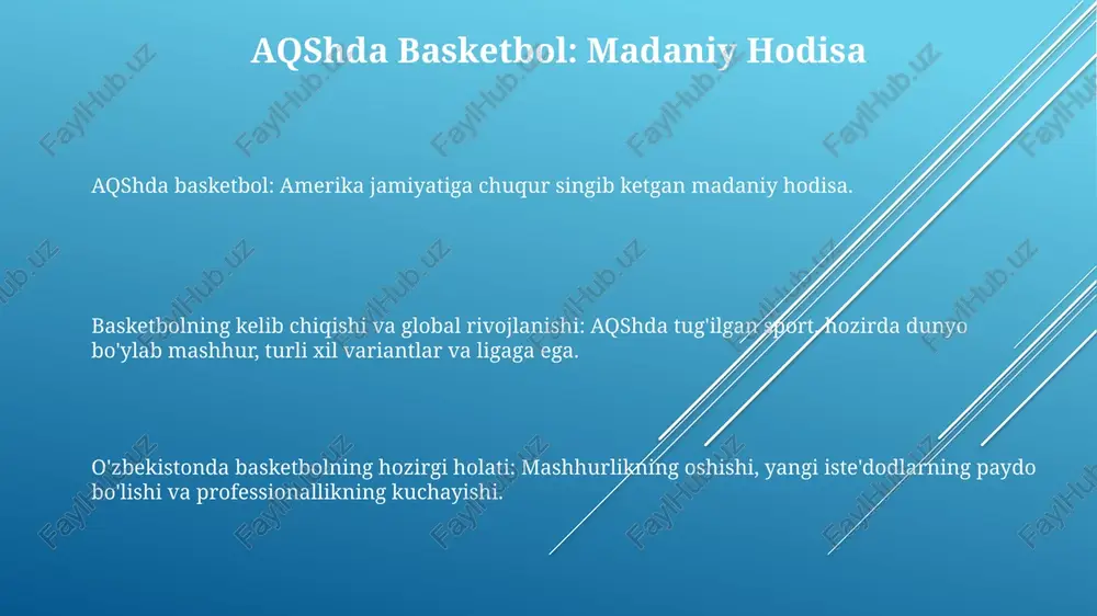 ketbol sahnasi hozirda milliy terma jamoalar, professional klublar va yoshlarni rivojlantirish dasturlarini o'z ichiga oladi, garchi u xalqaro miqyosda yanada kengroq tan olinishga intilmoqda. basketbol o'zbekistonga 20-asrning boshlarida kirib kelgan, lekin 1991-yilda mamlakat mustaqillikka erishgandan keyin uning mashhurligi sezilarli darajada oshdi. basketbolning professional ligalar va xalqaro turnirlar tomonidan boshqariladigan global rivojlanishi o'zbekistonda ham o'sishga ilhom berdi. basketbolni o'zbekistonda targ'ib qilish. o'zbekistonda basketbol sahnasi rivojlanmoqda, o'zbekiston basketbol federatsiyasi rivojlanish harakatlariga boshchilik qilmoqda. o'zbekistonda basketbolni rivojlantirishda o'zbekiston bo'ylab dasturlar, yoshlar ligasi va professional ligaga kengayish kiradi. basketbol 1891-yilda aqshda paydo bo'lgan va butun dunyo bo'ylab keng tarqalgan global sportga aylandi. basketbolning o'zbekistondagi ta'siri basketbol 1891-yilda aqshda paydo bo'ldi va butun dunyoga tarqalib, katta sport turiga aylandi. basketbol o'zbekistonda mashhurlik kasb etmoqda, yoshlar ligalari va professional jamoalar paydo bo'lmoqda. o'zbekistonda basketbol o'yinida rivojlanish bor, milliy terma jamoa va rivojlanayotgan ichki ligasi mavjud. e'tiboringiz uchun rahmat @taqdimot_robot