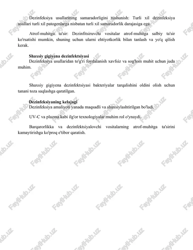 vositalarning atrof-muhitga ta'sirini kamaytirishga ko'proq e'tibor qaratish. xulosa xavfsiz va sog'lom muhitni saqlash uchun samarali dezinfeksiya juda muhim. yuqumli kasallik xavfini kamaytirish va sirtlar, jihozlar va bo'shliqlarni xavfsiz ishlatilishini ta'minlash uchun to'g'ri dezinfeksiya protokollari va mos dezinfektsiyalovchi vositalardan foydalanish zarur. foydalanilgan adabiyotlar 1. bu, sog'liqni saqlash muassasalarida dezinfektsiya va sterilizatsiya bo'yicha qamrovli qo'llanma bo'lib, unda printsiplar, usullar va turli patogenlar va materiallar uchun aniq tavsiyalar kabi keng qamrovli mavzular qamrab olingan. 2