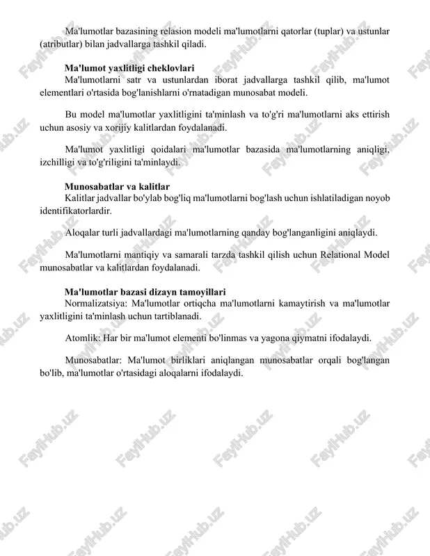 bazasida ma'lumotlarning aniqligi, izchilligi va to'g'riligini ta'minlaydi. munosabatlar va kalitlar kalitlar jadvallar bo'ylab bog'liq ma'lumotlarni bog'lash uchun ishlatiladigan noyob identifikatorlardir. aloqalar turli jadvallardagi ma'lumotlarning qanday bog'langanligini aniqlaydi. ma'lumotlarni mantiqiy va samarali tarzda tashkil qilish uchun relational model munosabatlar va kalitlardan foydalanadi. ma'lumotlar bazasi dizayn tamoyillari normalizatsiya: ma'lumotlar ortiqcha ma'lumotlarni kamaytirish va ma'lumotlar yaxlitligini ta'minlash uchun tartiblanadi. atomlik: har bir ma'lumot elementi bo'linmas va yagona qiymatni ifodalaydi. munosabatlar: ma'lumot birliklari aniqlangan munosabatlar orqali bog'langan bo'lib, ma'lumotlar o'rtasidagi aloqalarni ifodalaydi. xulosa ma'lumotlarni tashkil qilish uchun tuzilgan va mantiqiy yondashuvni taqdim etadi, ma'lumotlarning to'g'riligini va kirish osonligini ta'minlaydi foydalanilgan adabiyotlar 1. codd, e. f. (1970). katta ulushlashgan katta ma'lumotlar bazalari uchun ma'lumotlarning munosabatli modeli. acm kommunikatsiyalari, 13(6), 377-387. [bu munosabatli modelni kiritgan asosiy maqola.] 2. date, c. j. (2004). ma'lumotlar bazasi tizimlariga kirish. addison-wesley