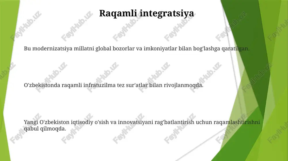investitsiyalarni qabul qilib, global savdo tarmog'ini kengaytirmoqda. jahon sahnasidagi ko'tarilgan yulduz. o'zbekistonning sa'y-harakatlari iqtisodiy o'sishni rag'batlantirish va global hamkorlikni mustahkamlashga qaratilgan. mamlakat xalqaro jamoatchilik bilan faol hamkorlik qilmoqda. o'zbekiston global sahnada muhim rol o'ynayotgan davlat sifatida paydo bo'lmoqda. e'tiboringiz uchun rahmat @taqdimot_robot