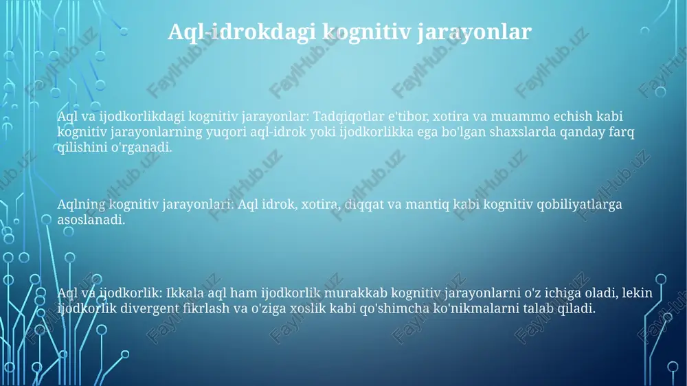 iyinchiliklarga duch kelishga undaganda gullab-yashnaydi. ijodiylik va muammo yechish aql-idrok ko'pincha echimlarni yaratish va baholash uchun kognitiv vositalarni taqdim etish orqali ijodiylikni kuchaytiradi. ijodkorlik aql-idrokdan farq qiladi, lekin aqliy qobiliyatlar, xususan kognitiv moslashuvchanlik va divergent fikrlash orqali kuchaytirilishi mumkin. ijodiylik muammolarga yangi echimlar topishga, yangi g'oyalar va yondashuvlarga olib keladi. ijodiylik turli madaniyatlarda aql va ijodkorlik alohida, lekin o'zaro bog'liq tushunchalar bo'lib, har xil madaniyatlarda turli kognitiv kuchlar qadrlanadi va rivojlantiriladi. madaniyatlararo tadqiqotlar turli ijodkorlik yondashuvlarini ochib beradi va ijodkorlikni qadrlashda madaniy kontekstni tushunishning ahamiyatini ta'kidlaydi. ijodkorlik madaniy qadriyatlar va amaliyotlar ta'sirida bo'lib, ijodiy g'oyalarni ifoda etish va qabul qilishni shakllantiradi. ijodiylikdagi kognitiv jarayonlar aql, ayniqsa suyuq aql, ijodiy salohiyat bilan bog'liq bo'lib, ma'lumotni samarali qayta ishlash va moslashuvchanlikni ta'minlaydi. ilimni qo'llash va ijodiy ifoda etishning ikkalasi ham motivatsiya, ichki qiziqish va xavf olish istagi kabi narsalarga bog'liq. ijodkorlik uchun diverjent fikrlash, muammolarni hal qilish va aqliy moslashuvchanlik muhim kognitiv …