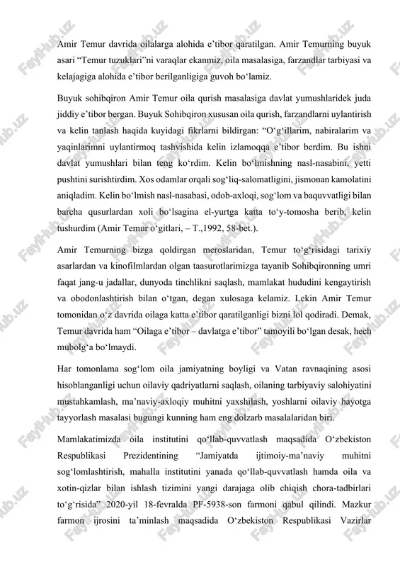 hilash, yoshlarni oilaviy hayotga tayyorlash masalasi bugungi kunning ham eng dolzarb masalalaridan biri. mamlakatimizda oila institutini qo‘llab-quvvatlash maqsadida o‘zbekiston respublikasi prezidentining “jamiyatda ijtimoiy-ma’naviy muhitni sog‘lomlashtirish, mahalla institutini yanada qo‘llab-quvvatlash hamda oila va xotin-qizlar bilan ishlash tizimini yangi darajaga olib chiqish chora-tadbirlari to‘g‘risida” 2020-yil 18-fevralda pf-5938-son farmoni qabul qilindi. mazkur farmon ijrosini ta’minlash maqsadida o‘zbekiston respublikasi vazirlar mahkamasi tomonidan 2020-yil 31-dekabr kuni “oila institutini yanada rivojlantirish va yoshlarni oilaviy hayotga tayyorlash chora-tadbirlari to‘g‘risida” 820-son qarori qabul qilinib, unining asosiy vazifalari quyidagilar etib belgilandi: 1. zamonaviy oilaning namunali shaklini hamda “oila – muqaddas”, “sog‘lom oila – sog‘lom jamiyat”, “oila – jamiyat va davlat himoyasida” va “farovon oila – jamiyat ravnaqining asosi” konseptual g‘oyalarini nikohlanuvchilarning ongiga singdirib borish; 2. nikohlanuvchi shaxslarni oilaviy-huquqiy munosabatlar, oilaviy hayot psixologiyasi, oila iqtisodi va budjeti, reproduktiv salomatlik asoslari, ma’naviy-axloqiy qadriyatlarni mustahkamlash masalalari bo‘yicha tizimli tayyorlash; 3. oilalar mustahkamligini ta’minlash, oilaviy ajralishlarning oldini olish, nikohlanuvchi shaxslarda oilaviy qadriyatlarni saqlash, …