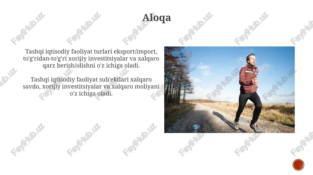 vestitsiyani osonlashtiradi. turizm turizm: chet el iqtisodiy faoliyatiga sezilarli hissa qo'shadi, sayohat, mehmondo'stlik va madaniy tajribalarni o'z ichiga oladi. tashqi iqtisodiy faoliyat sub'yektlari: xalqaro savdo, investitsiya va moliyaviy operatsiyalarda qatnashadigan tashkilotlar, shaxslar va davlatlar. kelajakda tashqi iqtisodiy faoliyatdagi tendentsiyalar raqamlashtirish va avtomatlashtirish samaradorlikni va o'zaro bog'liqlikni oshirmoqda. barqaror rivojlanishga, shu jumladan yashil moliya va etik manbalarga e'tibor kuchaymoqda. xorijiy investitsiyalar xorijiy investitsiya - bu bir mamlakatdan boshqa mamlakatga shaxslar yoki kompaniyalar tomonidan amalga oshiriladigan investitsiyani anglatadi. tashqi iqtisodiy faoliyat sub'ektlari shaxslar, kompaniyalar va davlatlarni o'z ichiga oladi, ularning har biri o'ziga xos vazifalarni bajaradilar. xalqaro huquq va tashqi iqtisodiy faoliyat xalqaro huquq va tashqi iqtisodiy faoliyat chegaralararo iqtisodiy operatsiyalar uchun huquqiy asosni belgilaydi. xorijiy iqtisodiy faoliyat turlari xalqaro savdo, xorijiy investitsiyalar, xalqaro moliya va texnik hamkorlikni o'z ichiga oladi. e'tiboringiz uchun rahmat @taqdimot_robot image4.jpg image5.jpg image6.jpg image7.jpg image8.jpg image9.jpg image10.jpg image11.jpg image12.jpg image13.jpg image14.jpg image15.jpg image16.jpg image17.jpg image18.jpg image19.jpg image20.jpg …