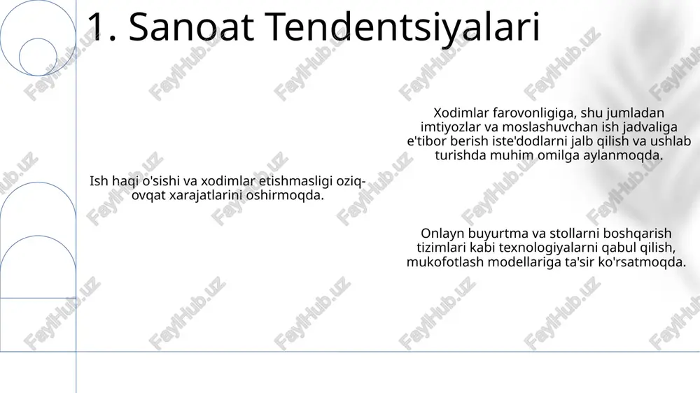 lang. ovqatlanish xarajatlarini tahlil qiling, menyu narxlari, xizmat haqqi va soliqlar kabi omillarni hisobga oling. 11. byudjetlash va xarajat tahlili ovqatlanish dasturining moliyaviy xarajatlarini tahlil qiling va uni potentsial foydalari bilan solishtiring. oziq-ovqat kompensatsiyasining xodimlar qoniqishini, saqlanib qolishini va samaradorligini baholash. xodimlar foydalanishi va fikr-mulohazalarini to'plash orqali yaxshilanish imkoniyatlarini aniqlang. 12. ta'sirni o'lchash e'tiboringiz uchun rahmat @taqdimot_robot image1.png image2.png image3.png image4.png image5.png image6.png image7.png image8.png image9.png image10.png image11.png image12.png image13.png