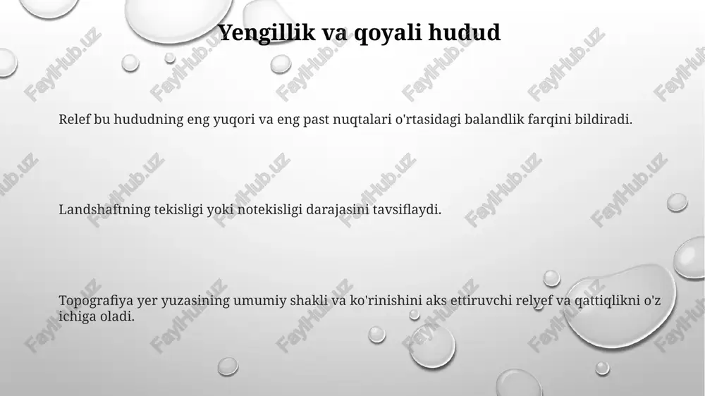 r yuzasining shakli va xususiyatlarini, shu jumladan balandlik o'zgarishlarini o'z ichiga oladi. balandlik topografiyani shakllantirishda muhim rol o'ynaydi, tog'lar, vodiylar va boshqa relyef shakllarining hosil bo'lishini ta'sir qiladi. vaqt o'tishi bilan relyef o'zgarishlari bu o'zgarishlar landshaftlar, ekosistemalar va inson yashash joylariga ta'sir qiladi. topographya yer yuzasining shakli va xususiyatlarini anglatadi. eroziya, cho'kindi va tektonik faoliyat kabi jarayonlar tufayli topografik o'zgarishlar vaqt o'tishi bilan sodir bo'ladi. topografiyani aniqlash topographya hududning yuzaki xususiyatlarini, shu jumladan balandligini, relyefini va tabiiy hamda sun'iy inshootlarini tavsiflaydi. topografik xaritalar bu xususiyatlarni balandlik o'zgarishlarini aks ettiruvchi kontur chiziqlari va muayyan xususiyatlar uchun belgilar bilan tasvirlaydi. topografik xaritalar bu xususiyatlarni balandlik o'zgarishlarini aks ettiruvchi kontur chiziqlari va muayyan xususiyatlar uchun belgilar bilan tasvirlaydi. relef va infratuzilma infrastruktura jamiyatni qo'llab-quvvatlovchi asosiy jismoniy tizimlar va inshootlarni, masalan, transport, aloqa va energiya tarmoqlarini o'z ichiga oladi. topography va infratuzilma o'zaro bog'liq, chunki topografiya infratuzilma dizayni va rivojlanishiga ta'sir qiladi, infratuzilma esa …