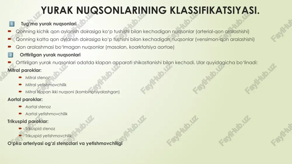 digan) nuqsonlar fallo tetradasi atrial yoki ventrikulyar septal defektlar (chapdan o‘ngga, o‘ngdan chapga oqim) diagnostika va asoratlari. diagnositkasi: auskultatsiyada shovqinlar, tebranishlar ekg – gipertrifiya belgisi echo-kg – asosiy tashxislash usuli rentgen – yurak soyasining kattalashishi asoratlar: yurak yetishmovchiligi qon ivish buzilishlari tromboembolik holatlar o‘pka hipertoniya sindromi yurak nuqsonlari davosi. jismoniy harakatni cheklash; konservativ davo (diuretiklar, beta-blokerlar, antikoagulyantlar); jarrohlik: klapan protezlash, valvuloplastika, defektlarni tiklash operatsiyalari. e’tiboringiz uchun raxmat! image9.svg image1.png image2.svg image3.png image4.png image5.svg image6.png image7.svg image8.png image10.png image11.png image12.png image13.jpeg /docprops/thumbnail.jpeg