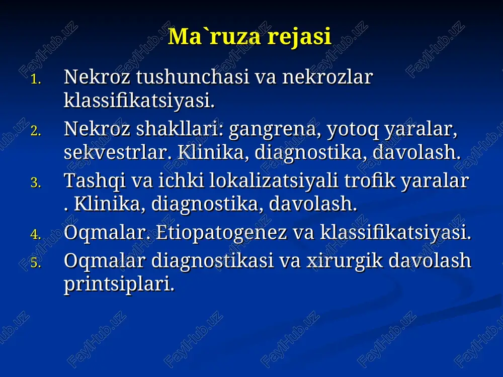 lanishining oʼtkir yetishmovchiligi fonida – tuqimalar qurishga ulgurmasdan shish paydo buladi. sogʼlom tuqima chegarasida demarkatsion chiziq. demarkatsion chiziq paydo boʼlmaydi. infektsiyaning boʼlmasligi. infektsiya qushiladi. intoksikatsiya belgilaring yoʼqligi. intoksikatsiya rivojlanadi. gistologik – koagulyatsion nekroz ustun turadi. gistologik – kollikvatsion nekroz ustun turadi quruq gangrenani davolash mahalliy davolash: infektsiya tushishini oldini olish maqsadida tuqimalarni quritish (nekrozlangan toʼqimalarni kaliy permanganat yoki brilliant yashili eritmalari bilan oshlash); segmentni nekrektomiya yoki amputatsiya qilish (demarkatsion chiziq paydo boʼlgach). umumiy davolash: ogʼriqni bartaraf qilish; spazmalitiklar(no-shpa); toʼqima va qon tomir protektorlari (nikotinovaya kislota, agapurin, trental, solkoseril); vitaminoterapiya (v gurux vitaminlari); dezagregantlar (aspirin, kurantil); antikoagulyantlar (finilin, geparin); infektsiya profilaktikasi(antibiotiklari); gbo. hoʼl gangrenani davolash mahalliy davolash: erta davrlarda quruq gangrenaga oʼtkazishga harakat qilinadi – infektsiya tushishini oldini olish maqsadida tuqimalarni quritish (nekrozlangan toʼqimalarni kaliy permanganat yoki brilliant yashili eritmalari bilan oshlash); oyoqlarni yuqori amputatsiyasi va organlarni sogʼlom tuqima zonasidan rezektsiya qilish. umumiy davolash: ogʼriqni bartaraf qilish ; dezintoksikatsion terapiya (gemodez, …