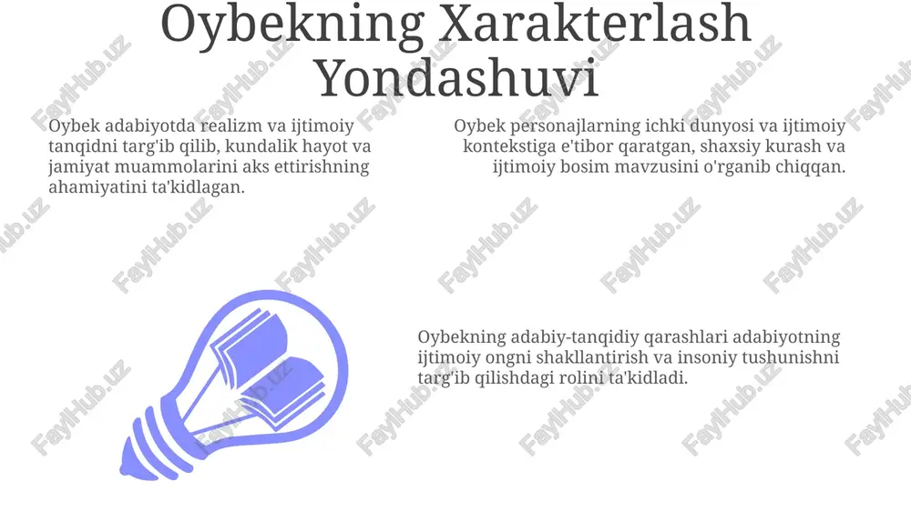 ssasi bilan tanilgan edi. oybek taniqli o'zbek yozuvchisi va adabiyotshunos edi. uning asarlari ijtimoiy adolat, milliy ong va insoniy munosabatlarning murakkabligi kabi mavzularni o'rganadi. erta hayot va ta'sirlar 01 02 03 oybek 1928-yili toshkent shahrida tug'ilib, o'zbek tili va adabiyoti bo'yicha mustahkam ta'lim olgan. u o'z asarlarida hayotning murakkab realliklarini va ijtimoiy muammolarni tasvirlashning ahamiyatini ta'kidlab, adabiyotga tanqidiy realizm yondashuvini himoya qildi. oybek adabiyotning ijtimoiy taraqqiyotni ilgari surish kuchiga ishongan va ijtimoiy adolat va tenglikni himoya qilish uchun yozuvini ishlatgan. sales 1st qtr 2nd qtr 100 0 sales 1st qtr 2nd qtr 100 0 sales 1st qtr 2nd qtr 100 0 oybek asarlarining adabiy konteksti u uquvchi adabiyotni ijtimoiy taraqqiyot va axloqiy yuksalish vositasi sifatida xizmat qilishi kerak deb hisoblagan. oybek haqiqatparvar yozuvchilikni himoya qilib, ijtimoiy tanqid va kundalik hayot tasvirini ta'kidladi. oybekning asarlari, ayniqsa sovet davrida, oʻzbek madaniy identifikatsiyasi va ijtimoiy oʻzgarishlarini aks ettirgan. oybekning boshqa yozuvchilarga ta'siri. u …
