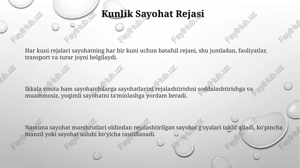 r dunyosini kashf eting. namuna sayohat rejalari - har bir sayohatchiga, sarguzashtli sayohatlardan tortib dam olishga mo'ljallangan sayohat rejalari. moslashuvchanlik va moslashuvchanlik moslashuvchanlik va moslashish qobiliyati: kutilmagan holatlarga qarab reja va jadvallarni sozlash qobiliyati, sayohatning bemalol o'tishini ta'minlaydi. moslashuvchanlik va moslashuvchanlik: o'z-o'zidanlikni qabul qilish va kutilmagan vaziyatlarga moslashish, sayohatni yanada yoqimli va boyitish. namuna sayohat rejalari: muayyan sayohat uchun joylar, tadbirlar, turar joylar va transportni qamrab oluvchi batafsil reja. sayohat hamrohingiz bilan muloqot qilish kutish, afzalliklar va byudjet haqida aniq aloqa qiling. spontanlik va o'zgartirishlarni imkon beradigan moslashuvchan ramkani taqdim eting. please provide me with the text you want me to translate. i need the text to translate it into uzbek latin script, including must-see attractions, transportation details, and suggested activities. turar joy va transportni bron qilish yashash joylari va transportni buyurtma qilish to'g'ri manzilni tanlash namunaviy sayohat marshrutlari sayohat maslahatlari va tavsiyalar sayohat rejalashtirish resurslari: ilhom toping, aviabilet va …