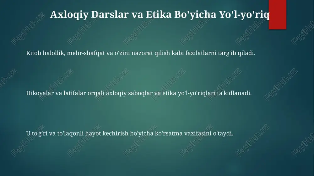i turk tiliga moslashtirilgan bo'lib, axloqiy saboqlarni tarqatish va axloqiy xulqni rag'batlantirishga qaratilgan. abdulla avloniy: ta'limga bag'ishlangan hayot abdulla avloniy tomonidan yozilgan "turkcha guliston" axloqiy hikoyalar va maqollarning to'plami bo'lib, axloqiy xulq-atvor va shaxsiy o'sishga urg'u beradi. abdulla avloniy o'rta osiyoda ta'lim va savodxonlikni rivojlantirishga umrini bag'ishlagan taniqli o'zbek ma'rifatparvar va yozuvchi edi. e'tiboringiz uchun rahmat @taqdimot_robot image1.png image2.png image3.png image4.png image5.png image6.png image7.png image8.png image9.png image10.png