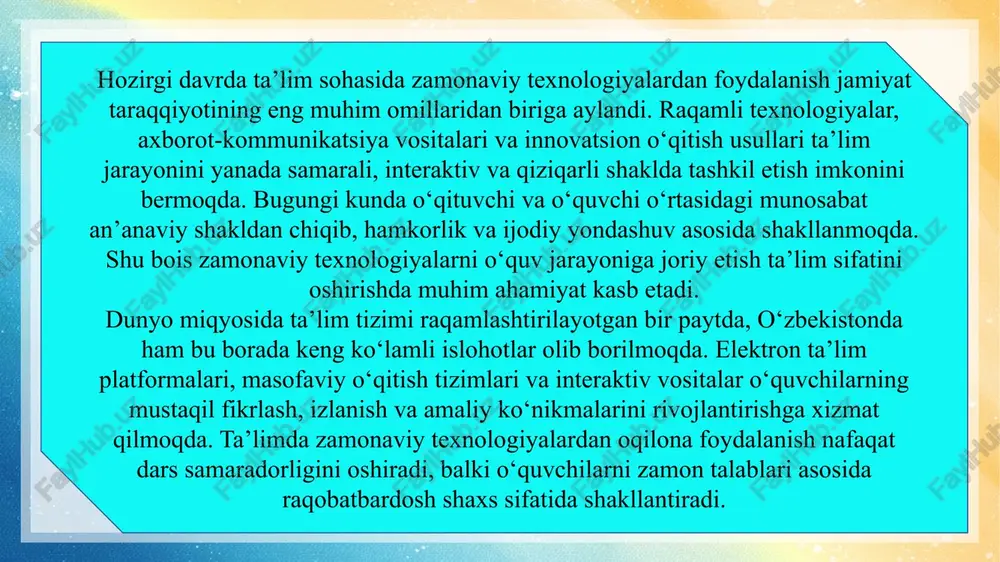 laka oshirish kurslarini tashkil etish zarur. 2 zamonaviy texnologiyalarni ta’lim jarayoniga joriy etishda ayrim texnik va metodik muammolar uchrab turadi. eng asosiy muammolardan biri — ta’lim muassasalarida kompyuterlar, internet va dasturiy ta’minot yetarli darajada mavjud emasligi. 1 dars rejalari va o‘quv dasturlarini zamonaviy texnologiyalar bilan uyg‘unlashtirish muhim. ana shunda ta’lim jarayoni texnik jihatdan to‘laqonli, metodik jihatdan esa samarali bo‘ladi. 3 o‘qituvchilarning raqamli kompetensiyasini rivojlantirish zamonaviy o‘qituvchi nafaqat fan bo‘yicha bilimga, balki raqamli savodxonlik va texnologik ko‘nikmalarga ham ega bo‘lishi kerak. bu ko‘nikma o‘quv materiallarini elektron shaklda tayyorlash, onlayn sinflarni boshqarish, interaktiv darslar o‘tkazish va o‘quvchilarning raqamli faoliyatini baholashni o‘z ichiga oladi. shu bois o‘qituvchilar uchun raqamli malaka oshirish kurslarini tashkil etish, tajriba almashish platformalarini yaratish va amaliy treninglar o‘tkazish zarur. raqamli kompetensiya — bu o‘qituvchining axborot texnologiyalaridan ta’lim maqsadida samarali foydalana olish qobiliyatidir. raqamli kompetensiyasi yuqori o‘qituvchi — zamonaviy ta’limning muvaffaqiyat kalitidir. ta’lim texnologiyalarini rivojlantirish istiqbollari kelajakda ta’lim tizimi yanada …