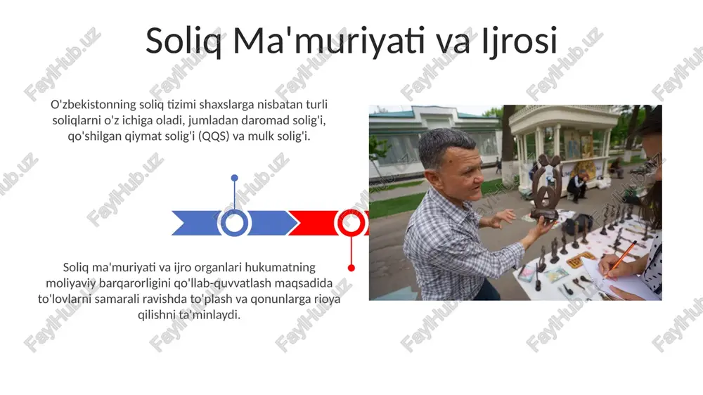 bo'ladi va hukumat daromadining asosiy manbai hisoblanadi. soliq stavkalari va chegaralari oʻzbekistonda shaxslarga solinadigan soliqlar muhimdir, chunki ular davlat daromadlarini va sogʻliqni saqlash, taʼlim kabi davlat xizmatlarini moliyalashtirishga hissa qoʻshadi. o'zbekistonda shaxslarga daromad solig'i progressiv stavkalar bo'yicha olinadi, daromad darajasiga qarab 7,5% dan 12,5% gacha. soliqlar bilan moliyalashtiriladigan ijtimoiy ta'minot dasturlari o'zbekistonning ijtimoiy ta'minot dasturlari soliqlar hisobidan moliyalashtiriladi. bu soliqlar o'zbekiston fuqarolari farovonligini ta'minlashga qaratilgan sog'liqni saqlash, ta'lim va pensiya kabi muhim ijtimoiy dasturlarni moliyalashtirish uchun juda muhimdir. soliq tizimidagi muammolar va islohotlar bu soliqlar davlat daromadlari, ijtimoiy dasturlar va iqtisodiy rivojlanish uchun muhim ahamiyatga ega. shaxslarga solinadigan soliqlarga daromad solig'i, qqs, mulk solig'i va ijtimoiy badallar kiradi. soliq imtiyozlari va chegirmalar o'zbekistonda shaxslarga solinadigan asosiy soliqlar: shaxsiy daromad solig'i, mulk solig'i va qo'shilgan qiymat solig'i. soliqlarning ahamiyati: o'zbekistonda shaxslardan yig'ilgan soliqlar davlat xizmatlarini, infratuzilma rivojlanishini va ijtimoiy ta'minot dasturlarini moliyalashtirishda muhim ahamiyatga ega. e'tiboringiz uchun rahmat @taqdimot_robot image4.jpg image5.jpg …