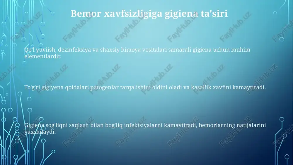qayta ishlash texnikasi ifloslanishning oldini olishda muhim ahamiyatga ega. gigiena va antimikrobial qarshilik to'g'ri gigiyena chidamli mikroblarning tarqalishini oldini olish, shaxslar va jamiyatlarni himoya qilish uchun juda muhimdir. mikroblar davolanishga kamroq sezgir bo'lib qolganda, antibakterial qarshilik paydo bo'ladi, bu esa infektsiyalarni davolashni qiyinlashtiradi. gigiena amallari mikroblarning tarqalishini kamaytiradi, bu esa infektsiya xavfini minimallashtiradi. infektsiyani nazorat qilish siyosati va protseduralari bu amallar yuqumli kasallik zanjirini uzishga va bemorlarni hamda tibbiyot xodimlarini himoya qilishga yordam beradi. infektsiya nazorati siyosati va tartiblari sog'liqni saqlash muassasalarida infektsiyalar tarqalishining oldini olishga qaratilgan. qo'l yuvish va to'g'ri dezinfektsiya kabi gigiena amallari tibbiy profilaktika uchun juda muhim. qo'l gigienasi: infektsiyani nazorat qilishning asosi qo'llarni toza saqlash sog'liqni saqlash muassasalarida bemorlar va xodimlarni himoya qilishda muhim rol o'ynaydi. qo'l gigienasi infektsiyalar tarqalishini oldini olishda muhim ahamiyatga ega. to'g'ri qo'l yuvish texnikasi va spirtli dezinfitsiyalovchi vositalar juda muhim. gigiena roli pandemiya oldini olishda gigiena pandemiyani oldini olishda patogenlar tarqalishini …