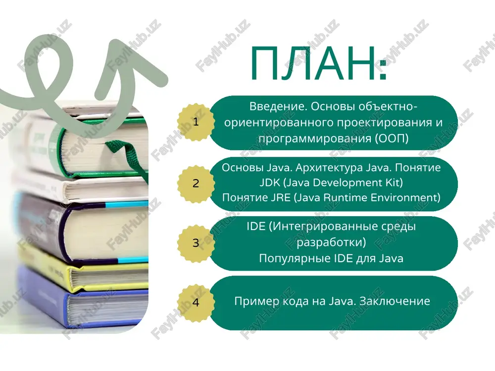 vklyuchayushaya jvm. kompilyator javac — preobrazuet isxodniy kod (.java) v bayt-kod (.class). instrumenti dlya razrabotki (otladchiki, dokumentatsiya, utiliti). osnovi ob'ektno- orientirovannogo proektirovaniya i programmirovaniya (oop) ob'ektno-orientirovannoe programmirovanie (oop) — eto paradigma programmirovaniya, v kotoroy programma stroitsya iz ob'ektov, ob'edinyayushix dannie i metodi. osnovnaya tsel — uprostit proektirovanie, sdelat kod bolee ponyatnim, gibkim i povtorno ispolzuemim. inkapsulyatsiya nasledovanie polimorfizm abstraktsiya inkapsulyatsiya eto skritie vnutrenney realizatsii ob'ekta ot vneshnego mira. dostup k dannim osushestvlyaetsya tolko cherez spetsialnie metodi (getteri i setteri). pozvolyaet zashitit dannie i kontrolirovat ix izmenenie. nasle dovan ie pozvolyaet sozdavat novie klassi na osnove sushestvuyushix. docherniy klass nasleduet svoystva i metodi roditelskogo klassa. uproshaet povtornoe ispolzovanie koda. odinakoviy metod mojet rabotat po-raznomu v raznix klassax. sposobnost odnogo interfeysa imet raznie realizatsii. polimorfizm videlenie sushestvennix xarakteristik ob'ekta, skritie detaley realizatsii. realizuetsya s pomoshyu abstraktnix klassov i interfeysov. abstraktsiya osnovi java. arxitektura java. ponyatie jdk (java development kit) ponyatie jre (java …