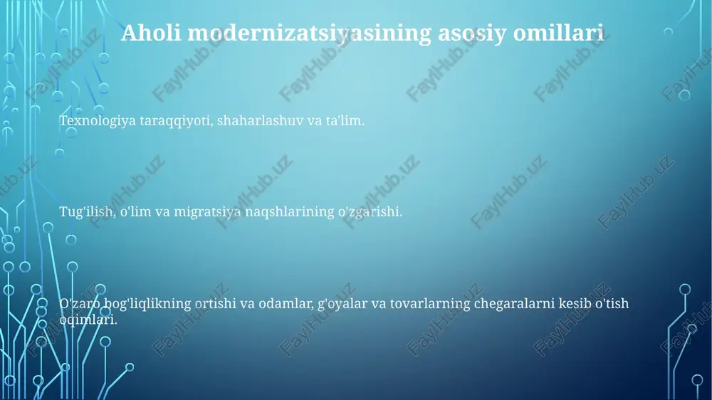 iy o'zgarishlar ijtimoiy va madaniy o'zgarishlar jamiyat normalari, qadriyatlari va amaliyotlaridagi o'zgarishlarni anglatadi. demografik globalizatsiya milliy chegaralardan tashqari, shu jumladan migratsiya va madaniy almashinuv orqali aholilarning o'zaro bog'liqligidan iborat. aholini modernizatsiya qilish shaharlashuv va tug'ilish darajasining pasayishi kabi aholi tuzilmasidagi o'zgarishlarni o'z ichiga oladi. ta'lim va ko'nikmalar rivoji ta'lim va ko'nikmalarni rivojlantirish: o'zgaruvchan mehnat bozoriga moslashish uchun ta'lim va o'qitish dasturlari orqali inson kapitaliga investitsiya qilish. demografik globalizatsiya: migratsiya, xalqaro savdo va madaniy almashinuv orqali aholi o'rtasidagi o'zaro bog'liqlikning kuchayishi, xilma-xillik va qiyinchiliklarni keltirib chiqaradi. demografik modernizatsiya: jamiyatlar tug'ilish darajasi past, umr ko'rish davomiyligi uzoq va qariyalar soni ko'paygan jamiyatlarga o'tishda ijtimoiy tizimlarda o'zgartirishlarni talab qiladi. xulosa demografik modernizatsiya: jamiyatlar yuqori tug'ilish va o'lim ko'rsatkichlaridan past ko'rsatkichlarga o'tish jarayoni bo'lib, ijtimoiy tuzilmalarga, iqtisodiy o'sishga va resurslardan foydalanishga ta'sir qiladi. xulosa: demografik o'zgarishlar globalizatsiyani boshqaradi va aksincha, bu murakkab va o'zaro bog'liq dunyo yaratadi. demografik globalizatsiya: migratsiya, kommunikatsiya va madaniy almashinuv …