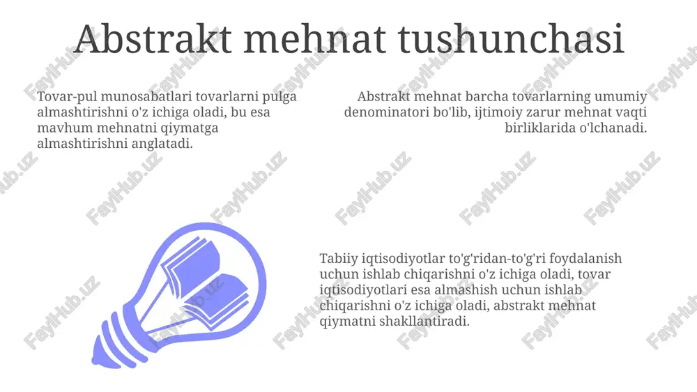 odiyot to'g'ridan-to'g'ri ishlab chiqarish va iste'mol qilishni o'z ichiga oladi, tovar iqtisodiyot esa almashinuvga asoslanadi. tovar iqtisodiyotiga o'tish tabiiy iqtisodiyotdan tovar iqtisodiyotga o'tish, almashish uchun ishlab chiqarishning paydo bo'lishi va bozorlarning rivojlanishini o'z ichiga oladi. konkret mehnat aniq vazifalarga, abstrakt mehnat esa tovarlarga singdirilgan ijtimoiy zarur mehnat vaqtiga taalluqlidir. tovar-pul munosabatlari tovarlarning almashuv qiymatiga asoslangan bo'lib, pul universal ekvivalent vazifasini o'taydi. konkret mehnat tushunchasi add text add text add text add text add text add text konkret mehnat bu tovar ishlab chiqarishda qatnashadigan o'ziga xos faoliyatdir. tovar-pul munosabatlari qiymat va narxga asoslangan holda tovarlarni pulga almashtirishni o'z ichiga oladi. tabiiy iqtisodiyot to'g'ridan-to'g'ri ishlab chiqarish va iste'mol qilishni o'z ichiga oladi, tovar iqtisodiyot esa almashinuvga tayanadi. tabiiy iqtisodiyotning xususiyatlari 01 02 03 tabiiy iqtisodiyot oʻz-oʻzini ta'minlashga, tovar iqtisodiyot esa bozor almashinuviga yoʻnaltirilgan. o'z iste'moli uchun to'g'ridan-to'g'ri ishlab chiqarish, cheklangan almashinuv, o'z-o'zini ta'minlash. qiymatga asoslangan tovarlar almashinuvi, pul to'lov vositasi sifatida. sales …