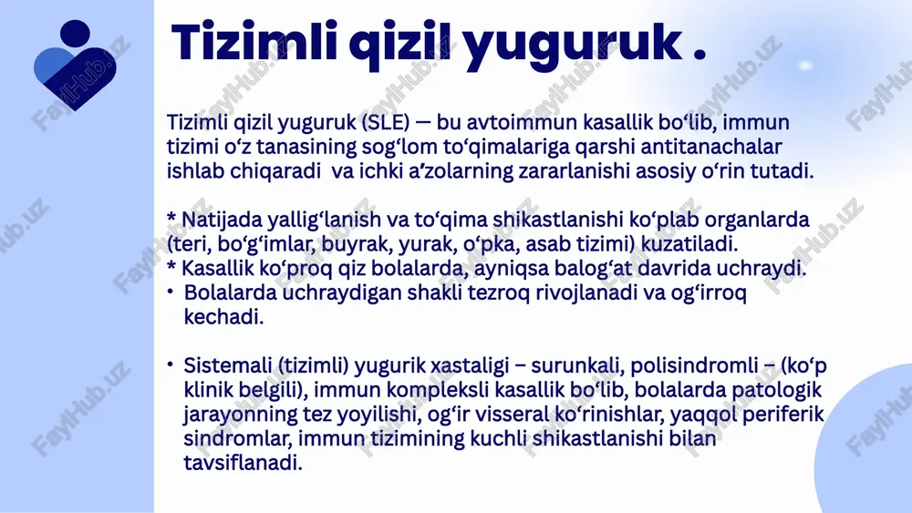 i ortadi → shish, nekroz, fibrinoid o‘zgarishlar paydo bo‘ladi. umumiy klinik belgilar. umumiy belgilar * holsizlik, charchash, tana haroratining ko‘tarilishi * ozish, ishtahaning pasayishi * bosh og‘rishi, mushak og‘rig‘i teri va shilliq qavatlar * yuzda “kapalak” shaklidagi eritema (burun va yonoqlarda) * quyosh nuri ta’sirida terining qizarishi va toshmalar * og‘iz va burun shilliq qavatida yaralar bo‘g‘im tizimi * artralgiya va artrit — o‘tkinchi, simmetrik, deformatsiyasiz * ko‘pincha qo‘l bo‘g‘imlari, bilak, tizza bo‘g‘imlari ta’sirlanadi gematologik o‘zgarishlar * anemiya, leykopeniya, trombotsitopeniya buyrak shikastlanishi (lupus nefriti) * proteinuriya, gematuriya * o‘tkir yoki surunkali buyrak yetishmovchiligi belgilariga olib keladi * bolalarda bu sle ning og‘ir asoratlaridan biri yurak-qon tomir tizimi * perikardit, endokardit (libman–sacks endokarditi) * arterial gipertenziya nafas tizimi * plevrit, plevral ekssudat, o‘pka fibrozlanishi . asab tizimi * tutqanoq holatlar, bosh og‘rishi, periferik neyropatiya * emotsional labillik, depressiya kasallikda zararlanuvchi organlar. klinikasi. kasallik belgilari har xil bo‘lib, asta-sekin zo‘rayib boradi. asosan …