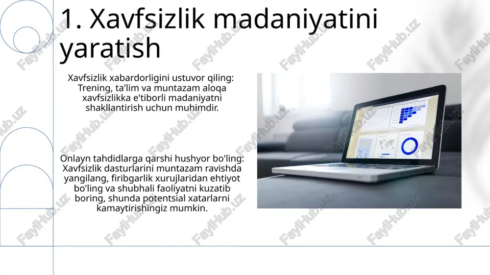 i. ma'lumotlar oqishi maxfiy ma'lumotlar tasodifan yoki atayin tarqalib ketishida yuz beradi. 15.ichki tahdidlar ma'lumotlar oqishi, maxfiy ma'lumotlar tasodifan yoki atayin ochib berilganda sodir bo'ladi. onlayn tahdidlardan himoya qilish kuchli xavfsizlik choralari, foydalanuvchi xabardorligi va doimiy monitoringni talab qiladi. e'tiboringiz uchun rahmat @taqdimot_robot image1.png image2.jpg image3.jpg image4.jpg image5.jpg image6.jpg image7.jpg image8.jpg image9.jpg image10.jpg image11.jpg image12.jpg image13.jpg image14.jpg image15.jpg image16.jpg