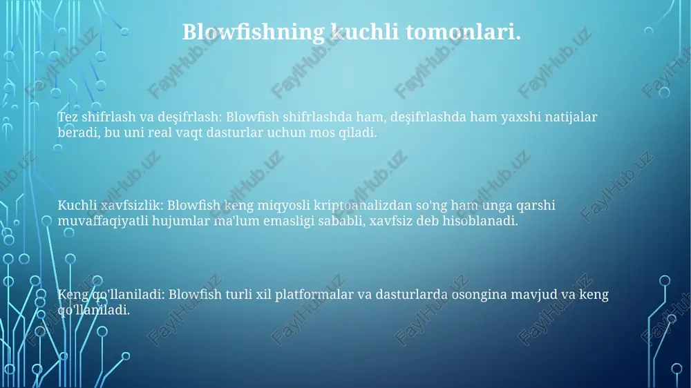 arini bajarish uchun ishlatiladi, s-qutilar esa chiziqli bo'lmaganlikni ta'minlaydi. blowfish kalit jadvali foydalanuvchi tomonidan kiritilgan kalitdan 18 ta subkalit va to'rtta s-quti hosil qiladi. blowfishning kelajagi aes va chacha20 kabi zamonaviy simmetrik blokli shifrlash algoritmlari katta kalit o'lchamlari va tezroq ishlash bilan kuchli xavfsizlikni ta'minlaydi. blowfish zamonaviy shifrlash algoritmlariga nisbatan kalit hajmi cheklovlari va sekinroq ishlashi tufayli eskirgan deb hisoblanadi. blowfish yangi dasturlar uchun tavsiya etilmaydi, lekin eski tizimlarda hali ham ishlatilishi mumkin. boshqa shifrlar bilan taqqoslash aes kabi keng tarqalgan emas, chunki u standartlashtirilmagan va apparat amalga oshirish uchun kamroq samarali. blowfish, des ga o'xshash feistel tarmog'ini qo'llaydi, lekin ancha xavfsizroq hisoblanadi, chunki u murakkab kalit jadvaliga ega. blowfish desdan tezroq, lekin aesdan sekinroq, 32-448 bitlik kalit hajmi bilan desga qaraganda xavfsizroq. blowfish algoritmi haqida qisqacha ma'lumot blowfish - bu 1993-yilda bryus shnayder tomonidan yaratilgan simmetrik blok shifrlash algoritmi. u 64-bitlik bloklarda ma'lumotlarni shifrlaydi, 32 dan 448 bitgacha o'zgaruvchan …