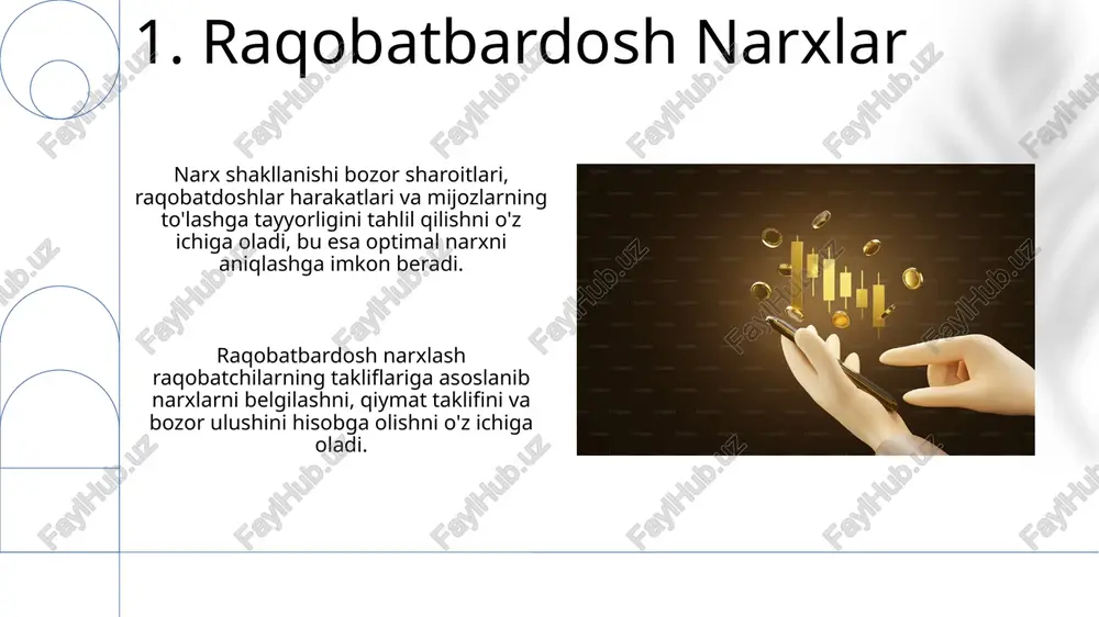 lari, raqobat va bozor tuzilishi kabi omillarni o'z ichiga oladi. narx elastikligi narx o'zgarishiga javoban talab qancha o'zgarishini o'lchaydi. 16.taklif va talab dinamikasi talab va taklif narxni belgilaydi. talabdan ortiq taklif bo'lganda narx tushadi. 17.narx muloqoti narxlar haqida samarali aloqa aniqlik, shaffoflik va ishonchliligi ta'minlaydi, bu esa mijozlarning xarid qarorlariga ta'sir qiladi. narx kommunikatsiyasi mahsulot yoki xizmatning qiymatini va narxini mijozlarga etkazishni o'z ichiga oladi. e'tiboringiz uchun rahmat @taqdimot_robot image1.png image2.jpg image3.jpg image4.jpg image5.jpg image6.jpg image7.jpg image8.jpg image9.jpg image10.jpg image11.jpg image12.jpg image13.jpg image14.jpg image15.jpg image16.jpg image17.jpg image18.jpg