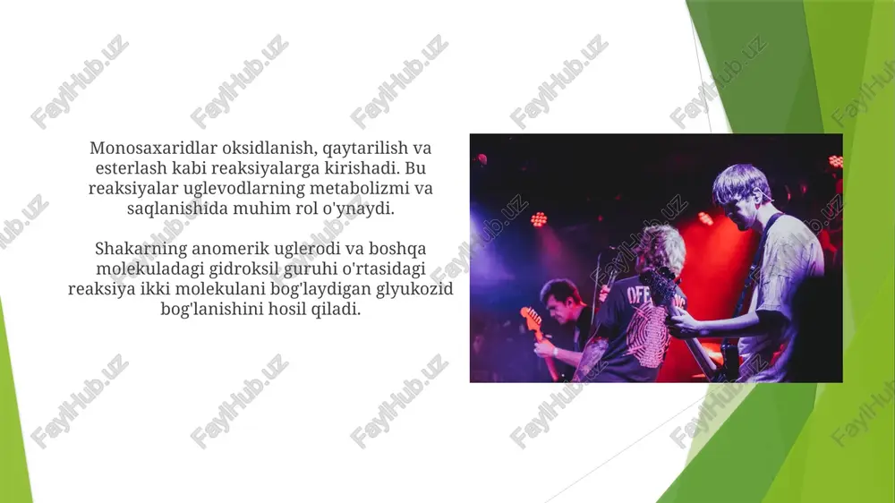 ga. ular eritmada siklik gemiasetal yoki gemiketal sifatida mavjud. reaksiyalar: monosaxaridlar oksidlanish, qaytarilish va glyukozid bog'lanish hosil qiladi. esterlash va efir hosil qilish efir hosil boʻlish: ikkita spirtning efir hosil qilish reaksiyasi. esterifikatsiya: karbon kislotaning spirt bilan reaksiyaga kirishi natijasida ester hosil bo'ladi. e'tiboringiz uchun rahmat @taqdimot_robot image1.jpg image2.jpg image3.jpg image4.jpg image5.jpg image6.jpg image7.jpg image8.jpg image9.jpg image10.jpg image11.jpg image12.jpg image13.jpg image14.jpg image15.jpg image16.jpg image17.jpg