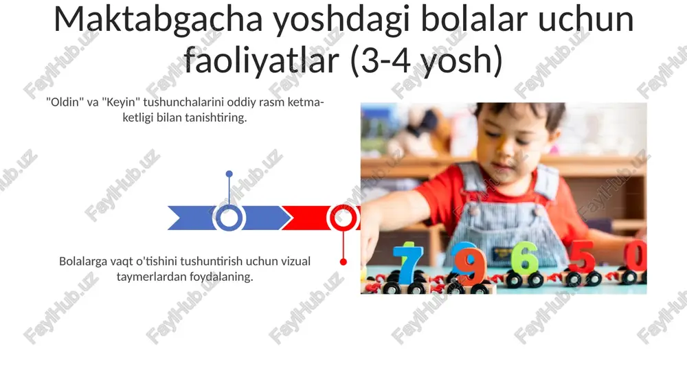 asash yoki vaqtga oid o'yinlar o'ynash foydali. soatni asta-sekin, avval ertalab, tush va kech kabi oddiy tushunchalarni tushuntirish orqali, keyin yarim soatlik oralig'ida vaqtni aytishga o'tish orqali tanishtiring. musiqa va vaqtni idrok etish bolalarga vaqtni o'rgatish uchun soatlarni harakatlanuvchi qo'llar bilan ishlating. musiqa vaqtni idrok etishga ta'sir qiladi va faoliyatlarni uzoqroq yoki qisqaroq his qildiradi. vaqtni tushunish uchun o'yinlar kunlik tartib va jadvallar: vaqt o'tishi tasvirlangan vizual jadvallar va taymerlarni qo'shing, bu maktabgacha yoshdagi bolalarga kun davomida sodir bo'ladigan voqealarni tushunish va bashorat qilishga yordam beradi. soat hunarmandchiligi: bolalar hunarmandchilik materiallaridan foydalanib o'z soatlarini yaratadi, vaqt tushunchalarini va raqamlarni tanib olishni mustahkamlaydi. hikoya va vaqt hikoyalar bolalarga vaqt tushunchalarini, masalan, ketma-ketlik va davomiyligini tushunishga yordam beradi. "tong" va "kech" kabi oddiy tushunchalar bilan boshlangan holda soatni asta-sekin tanishtirish, maktabgacha yoshdagi bolalarga vaqtni o'rganishga yordam beradi. e'tiboringiz uchun rahmat @taqdimot_robot image4.jpg image5.jpg image6.jpg image7.jpg image8.jpg image9.jpg image10.jpg image11.jpg image12.jpg image13.jpg image14.jpg …