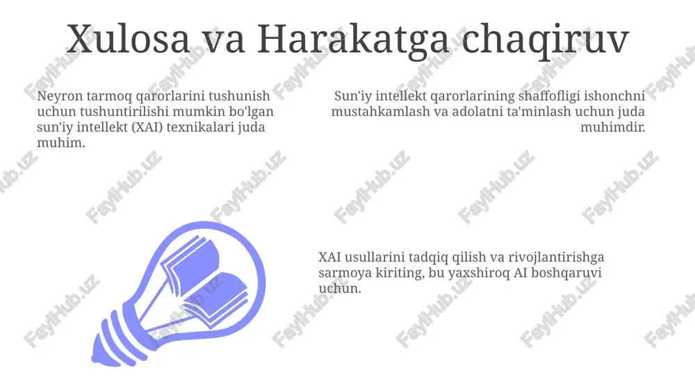 ishlashini vizualizatsiya qilish, tahlil qilish va talqin qilish imkonini beradi, qaror qabul qilish jarayonlarida tushunish va shaffoflikni kuchaytiradi. neural tarmoqlarning bashoratlarga qanday yetishini ochib berish uchun xai xususiyatlarni taqsimlash, qaror daraxtlari va qoida chiqarish kabi usullarni qo'llaydi. qaror qabul qilishda shaffoflik: xai sun'iy intellekt tizimlarida ishonch va javobgarlikni oshirish uchun neyron tarmoq qarorlarining mantiqiy asoslarini tushunishga yordam beradi. neyron tarmoqlardagi "qora quti" muammosi add text add text add text add text add text add text neuronal tarmoq bashoratlarining sabablarini tushuntirish va talqin qilish usullarini ishlab chiqishga qaratilgan tadqiqot. neyro tarmoqlar murakkab boʻlib, ularning qanday qilib muayyan qarorlarga kelishiga tushunish qiyin. qaror qabul qilishdagi shaffoflik, ayniqsa sog'liqni saqlash va moliya kabi sohalarda, ishonch va hisobdorlik uchun juda muhimdir. axloqiy jihatlar va xolislik 01 02 03 trening ma'lumotlaridagi xolislik kamsitish natijalariga olib kelishi mumkin. model qarorlarini qabul qilishdagi shaffoflikning yo'qligi ishonch va javobgarlikni zaiflashtirishi mumkin. adolat va tushunarlilikni ta'minlash mas'uliyatli ai rivojlanishi …