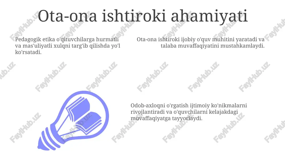 va madaniy xilma-xillikka hurmat qilish. mustaqil fikrlash va tanqidiy yondashuvni rag'batlantirish, ko'r-ko'rona itoat qilish emas. jamiyat kutgan narsalarni shaxsiy qadriyatlarni rivojlantirish bilan muvozanatlashtirish. axloqiy ta'lim orqali hurmat va hamdardlikni rivojlantirish add text add text add text add text add text add text pedagogik etika xulq-atvorni samarali o'rgatish uchun ramka yaratadi. axloqiy ta'lim boshlang'ich maktab o'quvchilarida hurmat va hamdardlikni rivojlantiradi. o'qituvchilar axloqiy xulqni namuna qilib ko'rsatadilar va hurmatli o'rganish muhitini yaratadi. talabalarni axloqiy tanlov qilishga undash 01 02 03 talabalarni axloqiy tanlov qilishga undash aniq kutilgan natijalar, namuna ko'rsatish va mulohaza yuritish imkoniyatlarini talab qiladi. pedagogik etika o'qituvchilarga talabalarda axloqiy rivojlanishni shakllantirishda yo'l-yo'riq beradi. odob-axloqni o'rgatish hurmat, mas'uliyat va hamdardlikni targ'ib qilishni o'z ichiga oladi. sales 1st qtr 2nd qtr 100 0 sales 1st qtr 2nd qtr 100 0 sales 1st qtr 2nd qtr 100 0 madaniy farqlarni xulq-atvorlarda hisobga olish to'g'ri xulq-atvor namunalarini namoyish eting va madaniy farqlar haqida tanqidiy …