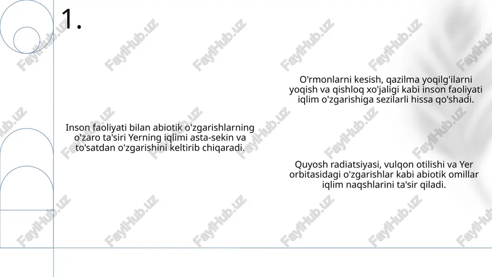 kin. abiotik o'zgarishlar iqlim o'zgarishi yoki ifloslanish kabi jismoniy muhitda sodir bo'ladigan o'zgarishlardir. 11. tabiiy ofatlar qayta tiklanuvchi energiya: fosil yoqilg'ilarga bog'liqlikni kamaytirish uchun quyosh va shamol kabi barqaror manbalarni ishlatish. karbonni ushlash va saqlash: sanoat jarayonlaridan chiqadigan co2 chiqindilarini ushlash va yer ostiga saqlash. 12. texnologiya yechimlari bu o'zgarishlar vulqon otilishi kabi tabiiy hodisalar yoki ifloslanish kabi inson faoliyati natijasida yuzaga kelishi mumkin, bu esa turlar tarkibining va ekosistema xizmatlarining o'zgarishiga olib keladi. abiotik faktorlar ekosistemning jonsiz tarkibiy qismlari, masalan, harorat, suv va quyosh nuri. abiotik o'zgarishlar bu tirik bo'lmagan komponentlardagi o'zgarishlarni anglatadi va bu ekotizimning tuzilishi va funktsiyasiga katta ta'sir ko'rsatishi mumkin. 13. abiotik omillar va ekosistemalar okean kislotalanishining oqibatlari jiddiy boʻlib, ularga marjonlarning oqarishi, bioxilma-xillikning kamayishi va dengiz mahsuldorligining oʻzgarishi kiradi. okean kislotalanishi atmosfera havosidan karbonat angidridning so'rilishidan kelib chiqadigan okeanning ph darajasining pasayishi hisoblanadi. bu abiotik o'zgarish dengiz ekosistemlariga ta'sir qiladi, organizmlar uchun qobiq va skeletlarni …