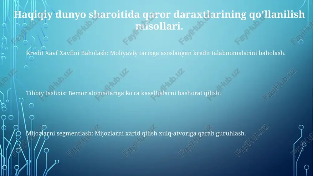 llanmalar: kredit riskini baholash, tibbiy tashxis, mijozlarning ketishini bashorat qilish. qaror daraxtlarining turlari qo'llanilishlar: kredit riskini baholash, tibbiy tashxis qo'yish, mijozlarni segmentlash. turlari: id3, c4.5, cart chuqur o'rganish texnologiyalari: chuqur o'rmon, gradiyent kuchaytirish mashinalari chuqur o'rganish texnologiyalari qaror daraxtlari uchun amaliy qo'llanilishlari orasida rasm tasniflash, tabiiy tilni qayta ishlash va tibbiy tashxis qo'yish mavjud. texnikalarga chuqur neyron qaror daraxtlari (dndf) va daraxtga asoslangan modellar uchun chuqur o'rganish (dl-tbms) kiradi. chuqur o'rganish texnologiyalari xususiyatlarni ajratib olish va tugunlarni ajratish uchun neyron tarmoqlarni qo'shish orqali qaror daraxtlarini yaxshilaydi. daraxtlarni kesish qarorlari tasodifiy o'rmonlar va gradient kuchaytirish mashinalari kabi chuqur o'rganish texnikalari aniqlik va mustahkamlikni oshirish uchun qaror daraxtlaridan foydalanadilar. qaror daraxtlarining amaliy qo'llanilishi klassifikatsiya (spamni aniqlash), regressiya (narxni bashorat qilish) va ma'lumotlarni o'rganishni o'z ichiga oladi. daraxtlarni kesish ortiqcha shoxlarni olib tashlash orqali haddan tashqari moslashishni oldini olish va umumlashtirishni yaxshilashga qaratilgan. e'tiboringiz uchun rahmat @taqdimot_robot image1.png image2.png image3.png image4.png image5.png