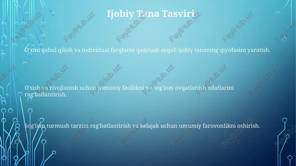i va yurak-qon tomir salomatligini targ'ib qiladi. ijtimoiy va hissiy rivojlanish ijtimoiy va hissiy rivojlanish: o'z-o'zini anglash, hamdardlik va sog'lom munosabatlarni shakllantirish. sog'lom turmush tarzi: sog'lom ovqatlanish, uyqu va jismoniy faoliyat uchun odatlarni shakllantirish. jismoniy rivojlanish: o'yin va harakat orqali jismoniy sog'liqni saqlash va muvofiqlashtirishni rag'batlantirish. sog'lom ovqatlanish odati sog'lom ovqatlanish odatlari bolalarda o'sish, immunitet va energiya darajasini oshiradi. jismoniy mashqlar motor qobiliyatlarini, muvofiqlashtirishni va umumiy farovonlikni qo'llab-quvvatlaydi. to'g'ri ovqatlanish, muntazam mashq qilish va yetarli uyqu jismoniy rivojlanish uchun juda muhim. e'tiboringiz uchun rahmat @taqdimot_robot image1.png image2.png image3.png image4.png image5.png