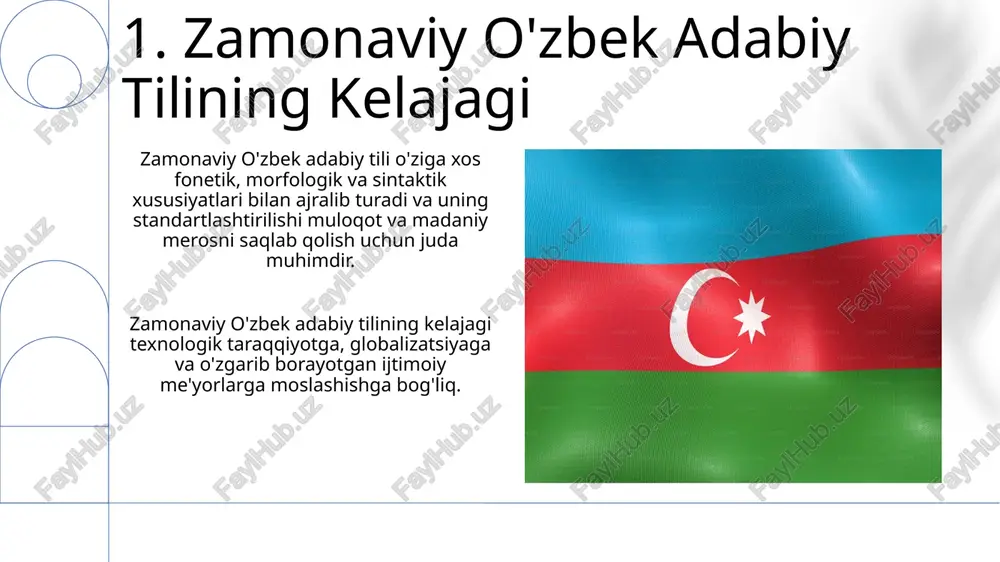 adi. hozirgi o'zbek adabiyoti janrlari: she'riyat, nasr, drama va insholarni o'z ichiga oladi. mavzular ko'pincha shaxs, madaniyat, tarix va ijtimoiy masalalarni o'rganadi. 14.zamonaviy o'zbek yozuvchilari va ularning asarlari hozirgi o'zbek adabiyoti normalari: zamonaviy o'zbek adabiyoti ijtimoiy va siyosiy mavzular, tarixiy hikoyalar va shaxsiy tajribalarga e'tibor qaratish bilan ajralib turadi. zamonaviy o'zbek adabiy tili: - o'zbek tili mustaqillikdan keyin sezilarli o'zgarishlarga duch keldi, jumladan standartlashtirish va rasmiyroq qo'llanishga o'tish. 15.o'zbek tilining tarixiy ko'rinishi. bugungi kunda o'zbek til me'yorlari o'zbek milliy ensiklopediyasi va o'zbekiston fanlar akademiyasi tomonidan boshqariladi. o'zbek tili boy tarixga ega, qadimgi turkiy tilidan kelib chiqqan va fors va arab tillaridan sezilarli ta'sirlarga ega. 16.o'zbekiston fanlar akademiyasi roli o'zbekiston fanlar akademiyasi zamonaviy o'zbek adabiy tilini standartlashtirish va rivojlantirishda muhim rol o'ynadi. bu standartlashtirish turli mintaqalardagi o'zbek tilida so'zlashuvchilar uchun izchillik va kirish imkoniyatini ta'minladi va umumiy madaniy identifikatsiyani shakllantirdi. 17.tilning millat kimligini shakillantirishdagi kuchi 20-asrda tojik shevasi asosida standartlashtirilgan zamonaviy …