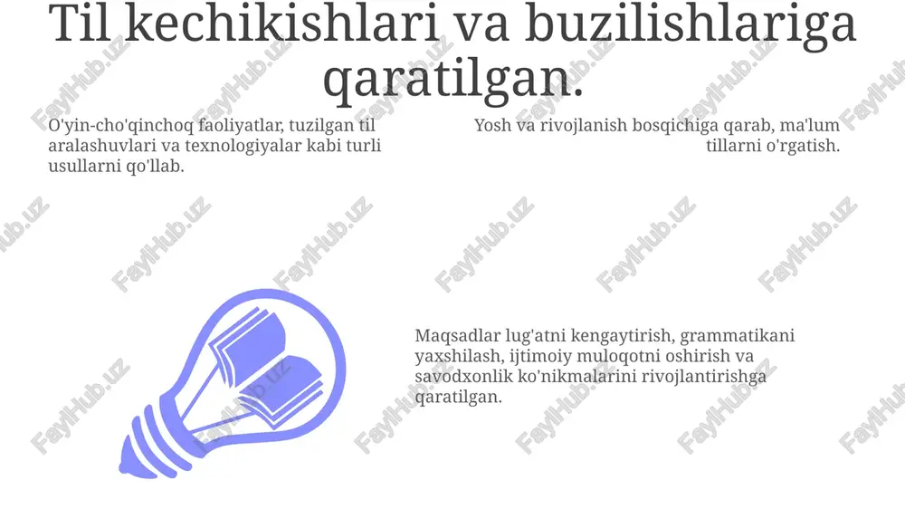 ish va o'rganishni yaxshilash uchun vizual vositalar, audio eshitish va mukofot tizimlaridan foydalanadi. texnologiya yordamida nutq aralashuvlari o'yin va dasturlar yordamida muayyan tovushlarni, til ko'nikmalarini va ijtimoiy muloqotni nishonga oladi. tilga boy boy tilga boy add text add text add text add text add text add text asboblar: kitoblar, qo'g'irchoqlar, o'yinchoqlar, musiqa va o'yinlar. usullar: interaktiv o'qish, qo'shiq aytish, dramatik o'yin, hikoya aytish va suhbat. maqsadlar: lug'atni kengaytirish, grammatika ko'nikmalarini rivojlantirish, artikulyatsiyani yaxshilash va tilga bo'lgan muhabbatni o'stirish. maktabgacha yoshdagi bolalarda nutq rivojlanish usullari 01 02 03 o'yin asosidagi faoliyatlar: qo'shiq aytish, hikoya aytib berish, rol o'ynash va qo'g'irchoq tomoshalari tilni qo'llash va ijtimoiy o'zaro ta'sirni rag'batlantiradi. artikulyatsiya mashqlari, modellash va ko'rgazmali qurollar ma'lum tovushlarga qaratilgan va talaffuzni yaxshilaydi. tuzilgan til dasturlari: qo'shiqlar, she'rlar va interaktiv mashqlar orqali lug'at, grammatika va gap tuzilishini o'rganish. sales 1st qtr 2nd qtr 100 0 sales 1st qtr 2nd qtr 100 0 sales 1st …