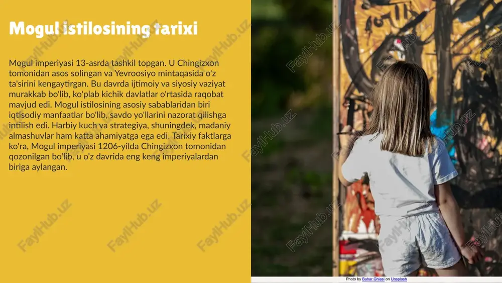 'zgartirdi. 3) 1223 yilda kalka daryosi yaqinidagi jang, bu yerda mogullar rus yerlariga kirish hujumlarini amalga oshirdilar. ushbu harbiy yurishlar davomida juda muhim voqealar sodir bo'ldi. buxoro va samarqandning zabt etilishi shaharlarning iqtisodiy va madaniy hayotiga katta ta'sir ko'rsatdi. masalan, samarqandda savdo yo'llarining tiklanishi va madaniy almashinuvlar ortishi kuzatildi, bu esa o'rta osiyoning rivojlanishiga xizmat qildi. natijada mogullar o'rta osiyoda yangi diniy va madaniy to'lqinlarni keltirib chiqardilar. masalan, islom dini keng tarqaldi va yangi madaniyatlar o'rtasida almashinuv kuchaydi. shuningdek, mogullar o'zlarining harbiy taktikalarini rivojlantirib, mintaqadagi siyosiy strukturalarni o'zgartirdilar. 02 01 03 mogul istilosining madaniyati mogul madaniyati o'ziga xos xususiyatlarga ega bo'lib, u ko'p madaniyatlar bilan bog'langan. ushbu davrda arxitektura, san'at va adabiyotda yangi yo'nalishlar paydo bo'ldi, bu esa mintaqaning madaniy rivojlanishiga katta ta'sir ko'rsatdi. - musiqa: yangi musiqiy uslublar va asboblar kiritildi. - san'at: mogul san'atida rang-baranglik va shov-shuvlar ko'paydi. - adabiyot: yozma adabiyotda yangi janrlar va tilning rivojlanishi kuzatildi. …