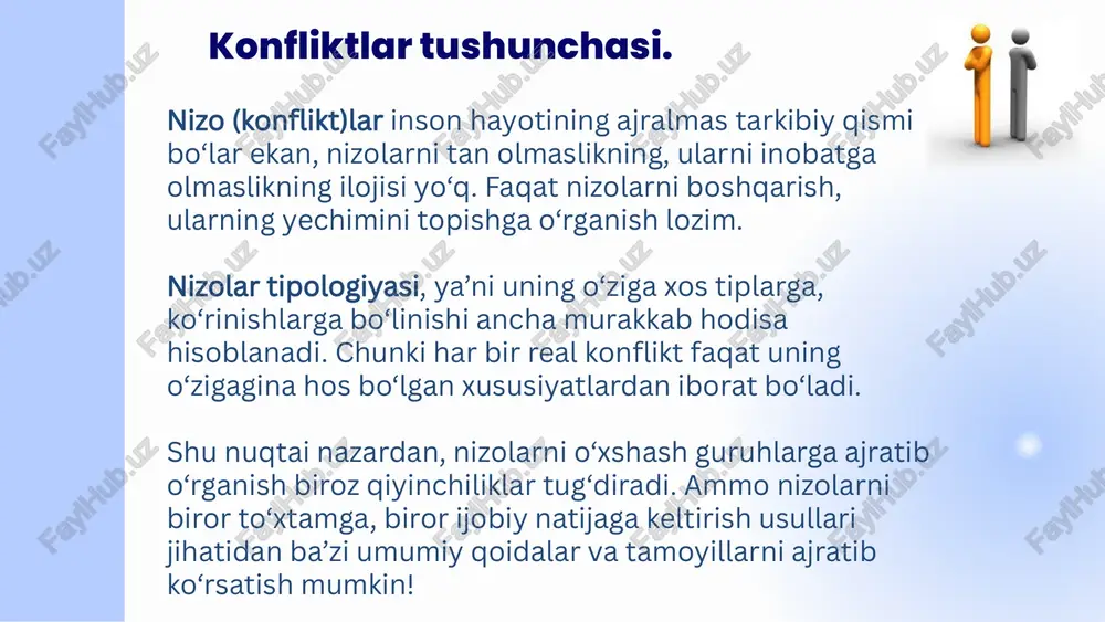 ; 2.neytralitet yondoshuv — pedagog tarbiyalanuvchilari o‘rtasida yuzaga keladigan to‘qnashuvlarni sezmaslikka va aralashmaslikka harakat qiladi; v.m.afonkova nizolarga pedagogik aralashishning muvaffaqiyatliligi pedagogning qarashlariga bog‘liq bo‘ladi deb ta’kidlaydi. bunday qarashlar kamida to‘rtta bo‘lishi mumkin: 3.nizodan qochish — pedagog nizo - bu yuzaga kelgan vaziyatdan qanday chiqishni bilmasligi sababli bolalar bilan uning muvaffasiyatsiz tarbiyaviy ishlari ko‘rsatkichi deb ishonadi; 4.nizoga maqsadga muvofiq aralashish — pedagog tarbiyalanuvchilari jamoasini yaxshi bilishiga, tegishli bilim va malakalariga tayanib nizo kelib chiqishi sabablarini tahlil qiladi, uni bostirish yoki ma’lum darajagacha rivojlanib borishi to‘g‘risida qaror qabul kiladi. e’tiboringiz uchun raxmat! image1.png image2.svg image3.png image4.svg image5.png image6.svg image7.jpeg image8.jpeg image9.jpeg image10.jpeg image11.png image12.jpeg image13.jpeg /docprops/thumbnail.jpeg