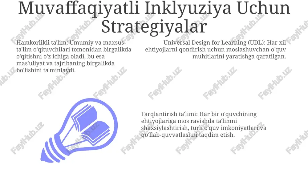 v ta'limning turli modelları universal design for learning (udl): har xil ehtiyojlarni qondirish uchun moslashuvchan o'quv muhitlari va materiallarga urg'u beradi. farqlanuvchi ta'lim: har bir talabaning ehtiyojlari va o'rganish uslublariga moslashtirilgan ta'lim. hamkorlikdagi ta'lim: barcha o'quvchilarni qo'llab-quvvatlash uchun umumiy va maxsus ta'lim o'qituvchilarining tajribasini birlashtiradi. e'tiboringiz uchun rahmat @taqdimot_robot image1.jpeg image2.jpeg image3.jpeg