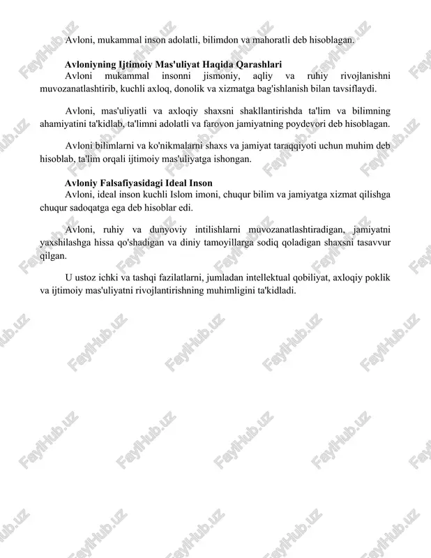 chuqur bilim va jamiyatga xizmat qilishga chuqur sadoqatga ega deb hisoblar edi. avloni, ruhiy va dunyoviy intilishlarni muvozanatlashtiradigan, jamiyatni yaxshilashga hissa qo'shadigan va diniy tamoyillarga sodiq qoladigan shaxsni tasavvur qilgan. u ustoz ichki va tashqi fazilatlarni, jumladan intellektual qobiliyat, axloqiy poklik va ijtimoiy mas'uliyatni rivojlantirishning muhimligini ta'kidladi. xulosa abdulla avloni mukammal insonni ma'naviy va dunyoviy bilimlarning uyg'unlashgan qiyofasi, mustahkam axloq, boshqalarga nisbatan mehr-shafqat va jamiyatga xizmat qilishga bag'ishlanganlik sifatida tasavvur qilgan foydalanilgan adabiyotlar abdulla avloni'ning mukammal inson haqidagi qarashlari to'g'risida aniq ma'lumot berish mumkin emas. chunki: * **cheklangan ilmiy tadqiqotlar:** avloni o'zbek adabiyoti va fikrining taniqli shaxsi bo'lsa-da, uning mukammal inson haqidagi qarashlarini o'rganuvchi jiddiy tadqiqotlar bo'lishi mumkin emas