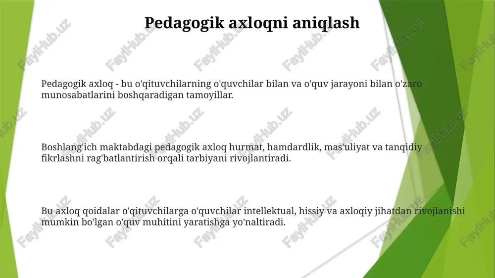 hissiy aqlni rivojlantirish talabalarga qiyinchiliklarga dosh berishga va mustahkam munosabatlarni rivojlantirishga yordam beradi. "noziklikni rivojlantirish uchun axloqiy asoslar" adolat va tenglik: sifatli ta'limga kirish imkoniyatini ta'minlash, inklyuziyani targ'ib qilish va individual o'quv ehtiyojlarini qondirish. bolalarga hurmat: talaba farovonligi va mustaqilligini ustuvor qilib, xavfsiz va inklyuziv o'quv muhitini yaratish. kasbiy mas'uliyat: o'qituvchilar axloqiy me'yorlarga rioya qilish, o'quvchilarning rivojlanishini ustuvor qilish va ma'lumotlarni maxfiy saqlash majburiyatini o'z zimmasiga olishadi. hamdardlik va ijtimoiy mas'uliyatni rivojlantirish talabalarda axloqiy fikrlash va etik qaror qabul qilishni rivojlantirish. mas'uliyatli harakatlarni va jamoatchilik ishtirokini rag'batlantirish. hamdardlikni va turli xil nuqtai nazarlarni tushunishni rivojlantirish. texnologiyaning sinfda etik tarzda qo'llanilishi texnologiyaning jamiyatga ta'siri haqida tanqidiy fikrlashni rivojlantirish. raqamli fuqarollik va mas'uliyatli onlayn xulqni targ'ib qilish. talaba ma'lumotlarining maxfiyligi va xavfsizligini ta'minlash. inklyuziv o'quv muhiti noziklikni rivojlantirish talabalarning intellektual, ijtimoiy va hissiy o'sishiga yordam beradi. pedagogik axloq o'qituvchilarga xavfsiz va teng huquqli o'rganish muhitini yaratishga yo'l ko'rsatadi. pedagogik axloq o'qituvchilarga xavfsiz …