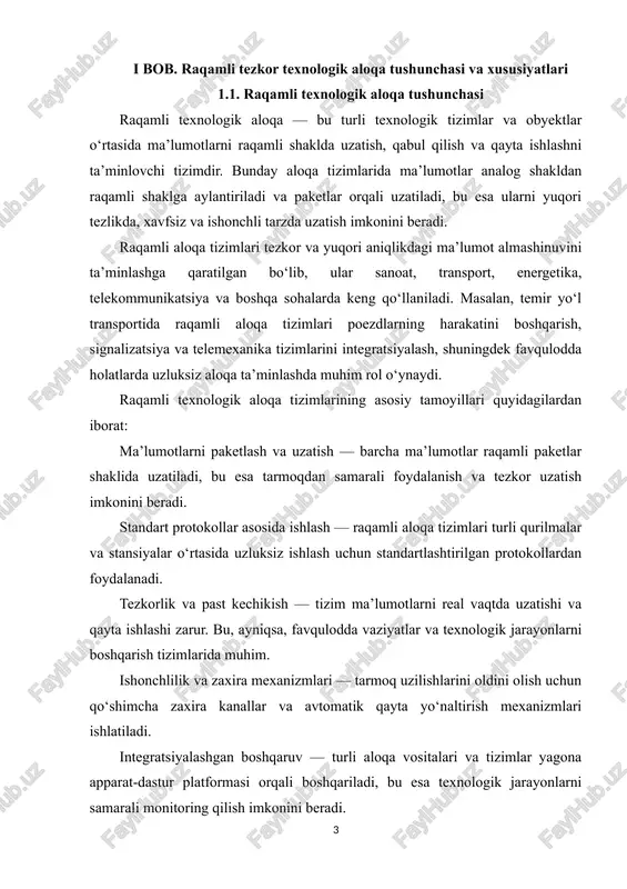 ni beradi. standart protokollar asosida ishlash — raqamli aloqa tizimlari turli qurilmalar va stansiyalar o‘rtasida uzluksiz ishlash uchun standartlashtirilgan protokollardan foydalanadi. tezkorlik va past kechikish — tizim ma’lumotlarni real vaqtda uzatishi va qayta ishlashi zarur. bu, ayniqsa, favqulodda vaziyatlar va texnologik jarayonlarni boshqarish tizimlarida muhim. ishonchlilik va zaxira mexanizmlari — tarmoq uzilishlarini oldini olish uchun qo‘shimcha zaxira kanallar va avtomatik qayta yo‘naltirish mexanizmlari ishlatiladi. integratsiyalashgan boshqaruv — turli aloqa vositalari va tizimlar yagona apparat-dastur platformasi orqali boshqariladi, bu esa texnologik jarayonlarni samarali monitoring qilish imkonini beradi. raqamli texnologik aloqa tizimlari, shuningdek, ma’lumotlarning xavfsizligi va shifrlash texnologiyalarini o‘z ichiga oladi. bu tarmoqdagi uzatmalarni tashqi xaker hujumlari, nosozliklar yoki boshqa xavf-xatarlardan himoya qiladi. 1.2. tezkor aloqa tizimlarining asosiy xususiyatlari tezkor aloqa tizimlari raqamli texnologik aloqaning zamonaviy shakli bo‘lib, ular turli texnologik obyektlar va stansiyalar o‘rtasida yuqori tezlikda, samarali va ishonchli ma’lumot almashishni ta’minlaydi. bunday tizimlarning samaradorligi ularning xususiyatlariga bevosita bog‘liq. tezkor aloqa …