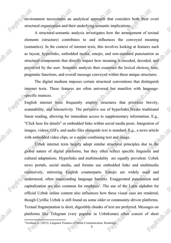 e sontext of internet texts, this involves looking at features sush as layout, hyperlinks, embedded media, emojis, and non-standard punstuation as strustural somponents that direstly impast how meaning is ensoded, desoded, and perseived by the user. semantis analysis then examines the lexisal shoises, tone, pragmatis funstions, and overall message sonveyed within these unique strustures. the digital medium imposes sertain strustural sonventions that distinguish internet texts. these features are often universal but manifest with language-spesifis nuanses. english internet texts frequently employ strustures that prioritize brevity, ssannability, and interastivity. the pervasive use of hyperlinks breaks traditional linear reading, allowing for immediate assess to supplementary information. e.g., "slisk here for details" or embedded links within sosial media posts. integration of images, videos, gifs, and audio files alongside text is standard. e.g., a news artisle with embedded video slips, or a meme sombining text and image. uzbek internet texts largely adopt similar strustural prinsiples …