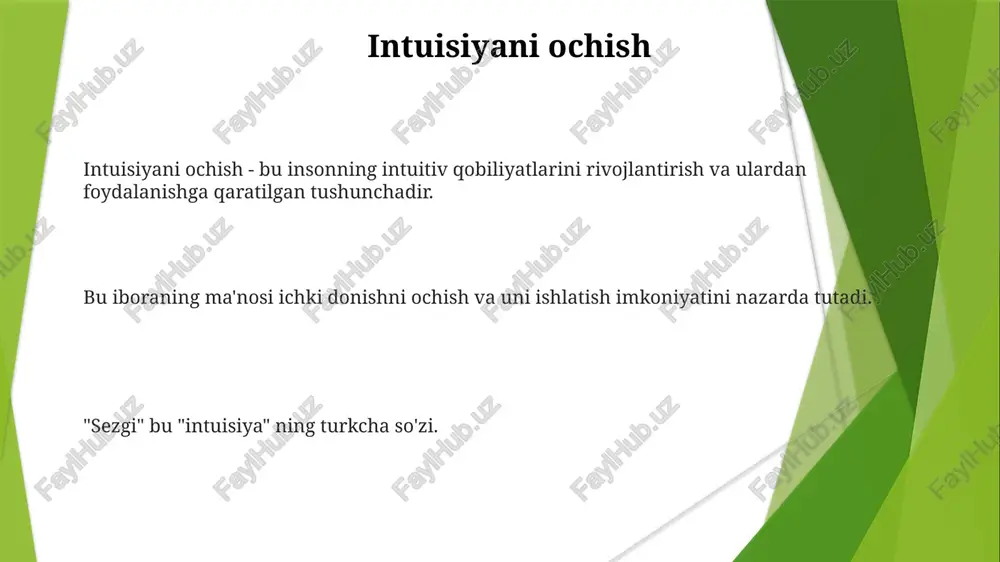 nishga yordam beradi. ish joylarida sezgini tanib-bilish va qadrlash orqali yaratıcı va aqlli muhit yaratish mumkin. turkiy madaniyatidagi sezgi u bu narsa qaror qabul qilish va dunyoni tushunishda kuchli yordamchi hisoblanadi. sezgi ko'pincha yuqori kuch bilan bog'liqlik yoki o'zini chuqur tushunish bilan bog'liq. turkiy madaniyatida sezgi juda qadrlanadi, u chuqur ichki donishni ifodalaydi. e'tiboringiz uchun rahmat @taqdimot_robot