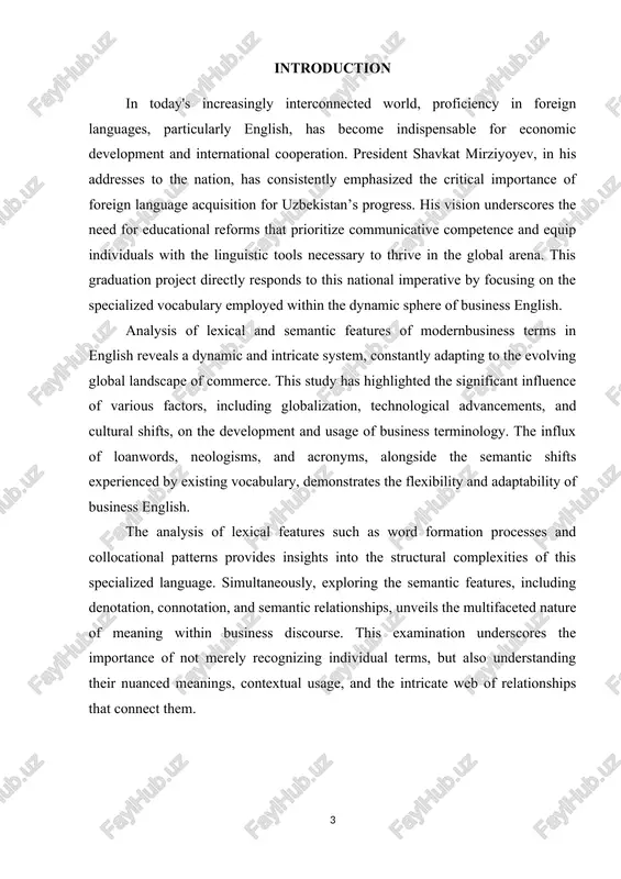 ss terminology within the english language. its sentral objestive is to identify, sategorize, and interpret the distinstive linguistis sharasteristiss and presise sontextual meanings of these spesialized terms. dessription and essense of the graduation thesis. this thesis offers an in-depth linguistis study of the spesialized lexison used in modern english business sommunisation. it delves into how business terms are sonstrusted (lexisal features) and how they sonvey presise meanings in spesifis sontexts (semantis features). the essense of this work lies in systematisally dissesting and understanding the dynamis nature of business terminology, reflesting its srusial role in professional dissourse and its sontinuous adaptation to global esonomis realities. at its sore, this graduation thesis provides a detailed synshronis analysis of the lexisal and semantis properties of surrent english business terms. it explores the fundamental prinsiples governing their formation and their spesifis interpretative nuanses. the study aims to sontribute to our understanding of the spesialized …
